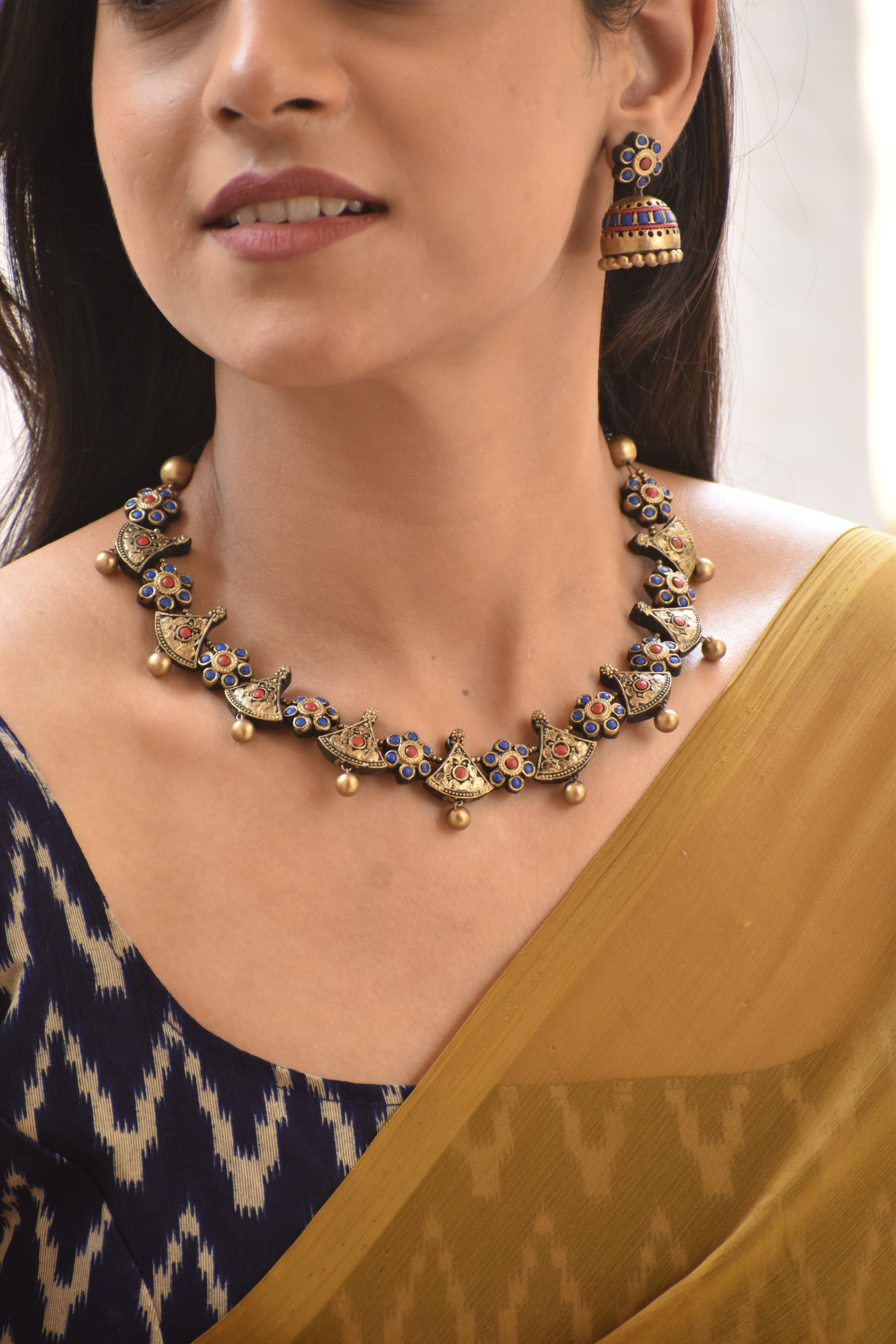 Terracotta Floral Motif Necklace with Bead Drops