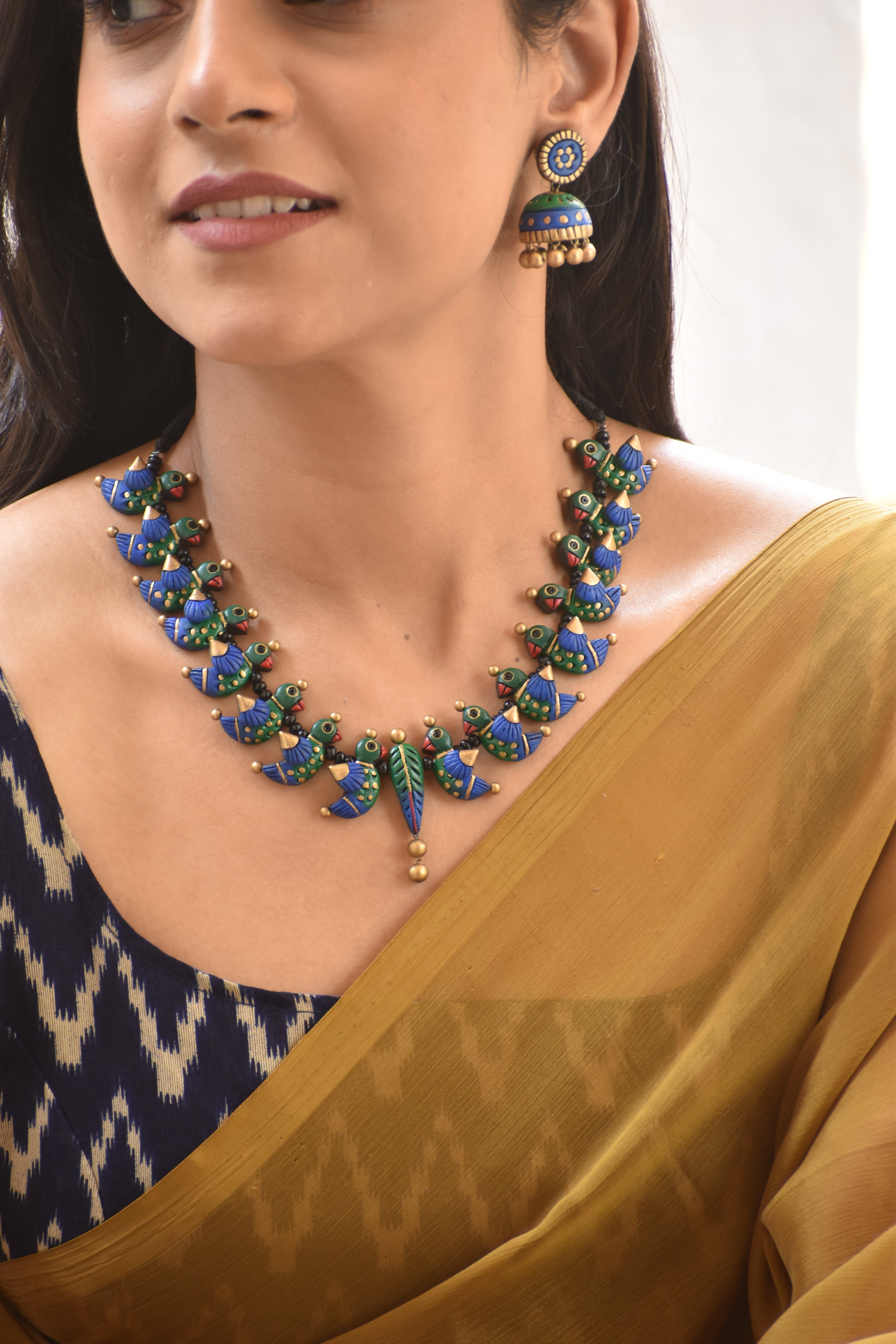 Terracotta Bird Motif Statement Necklace with Jhumka Earrings