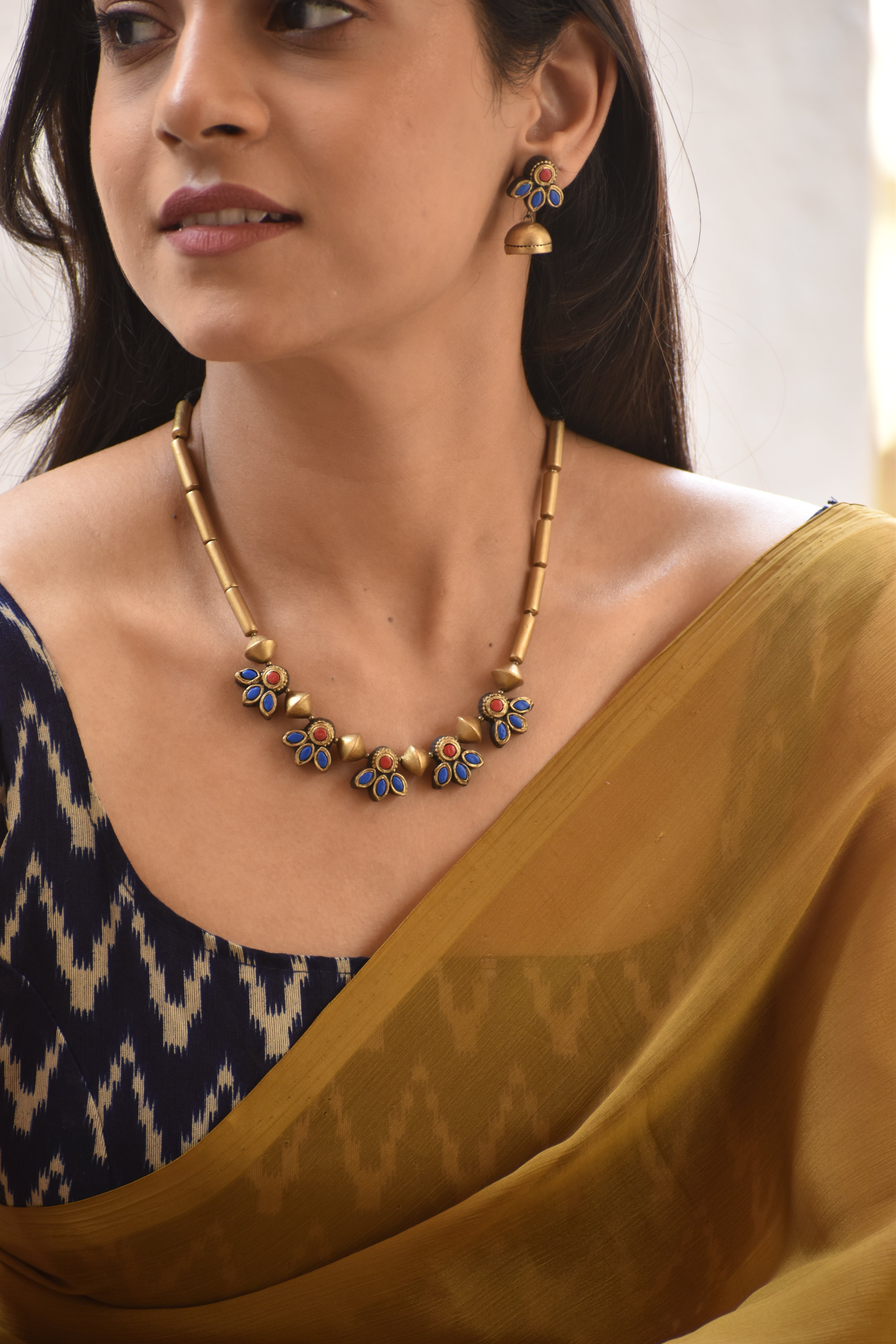 Terracotta Minimal Floral Necklace with Gold Beads