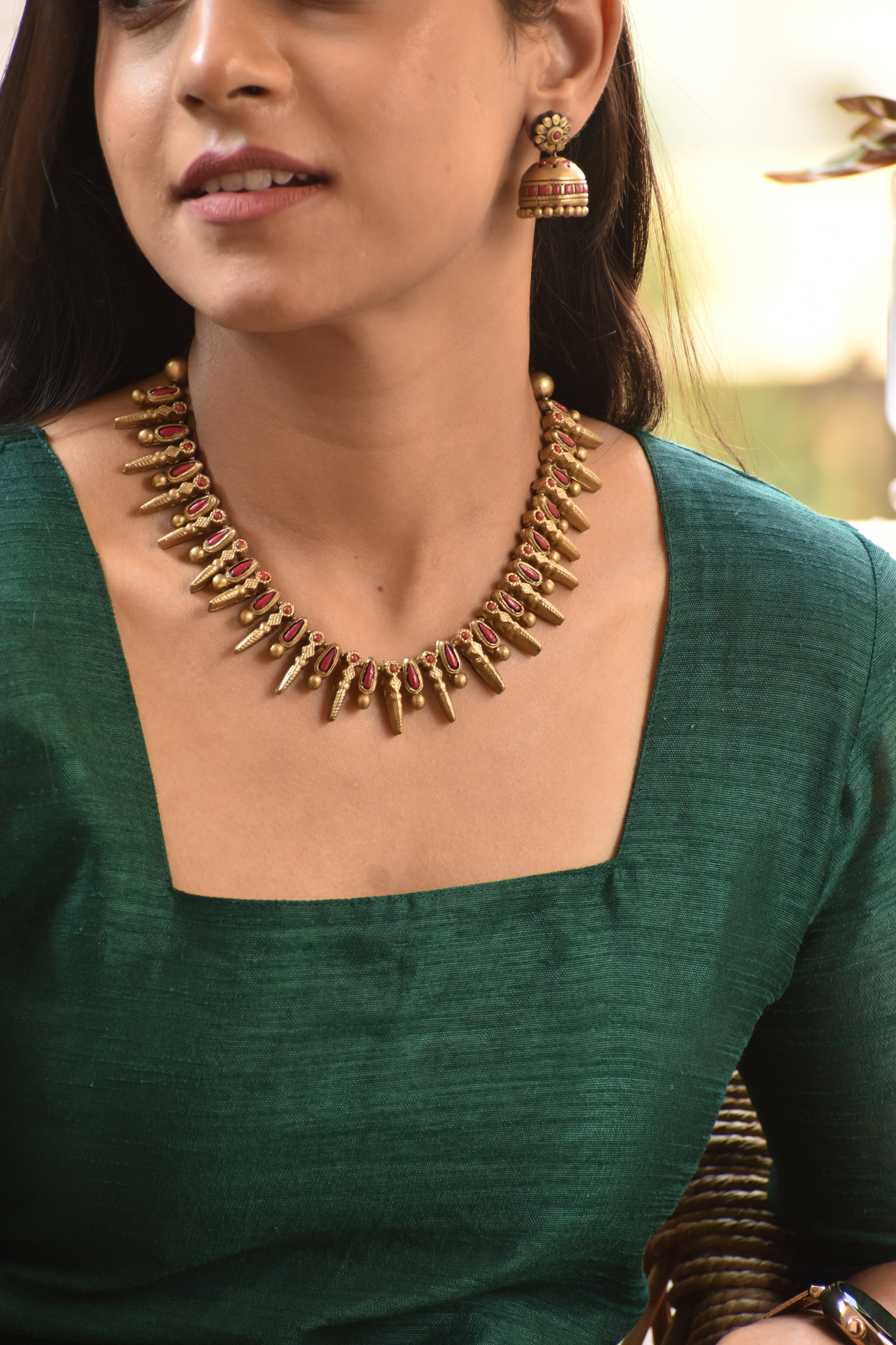 Terracotta Red Stone Drop Necklace with Layered Design