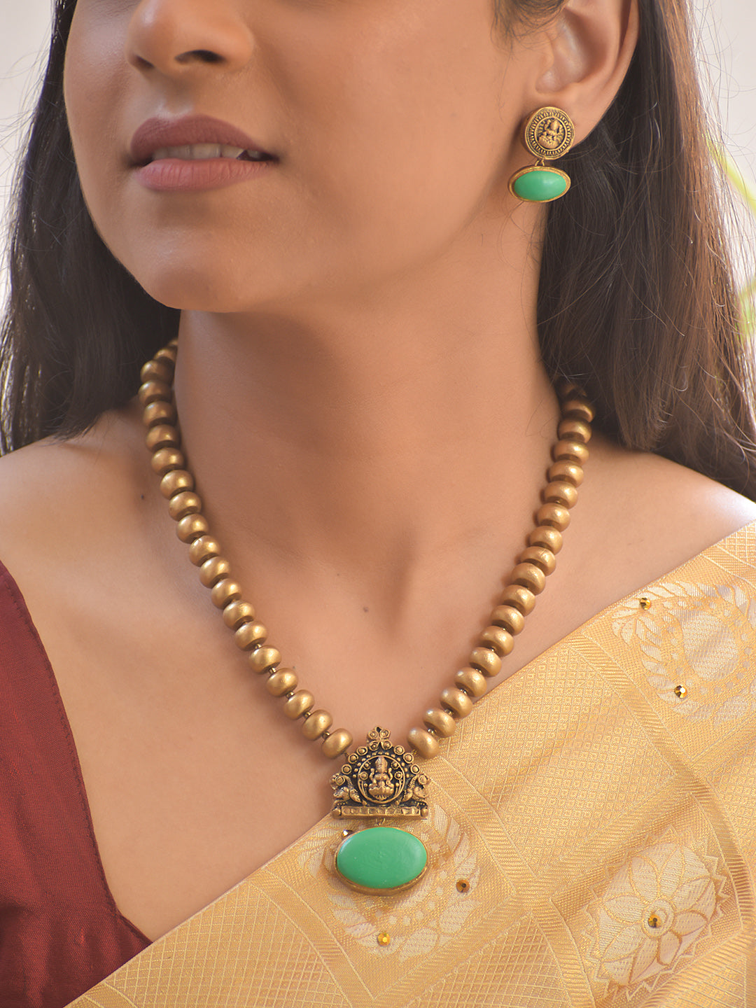 Firoza-Lakshmi Prakash — Torquoise Aura Terracotta Lakshmi Necklace Set With Jhumkas
