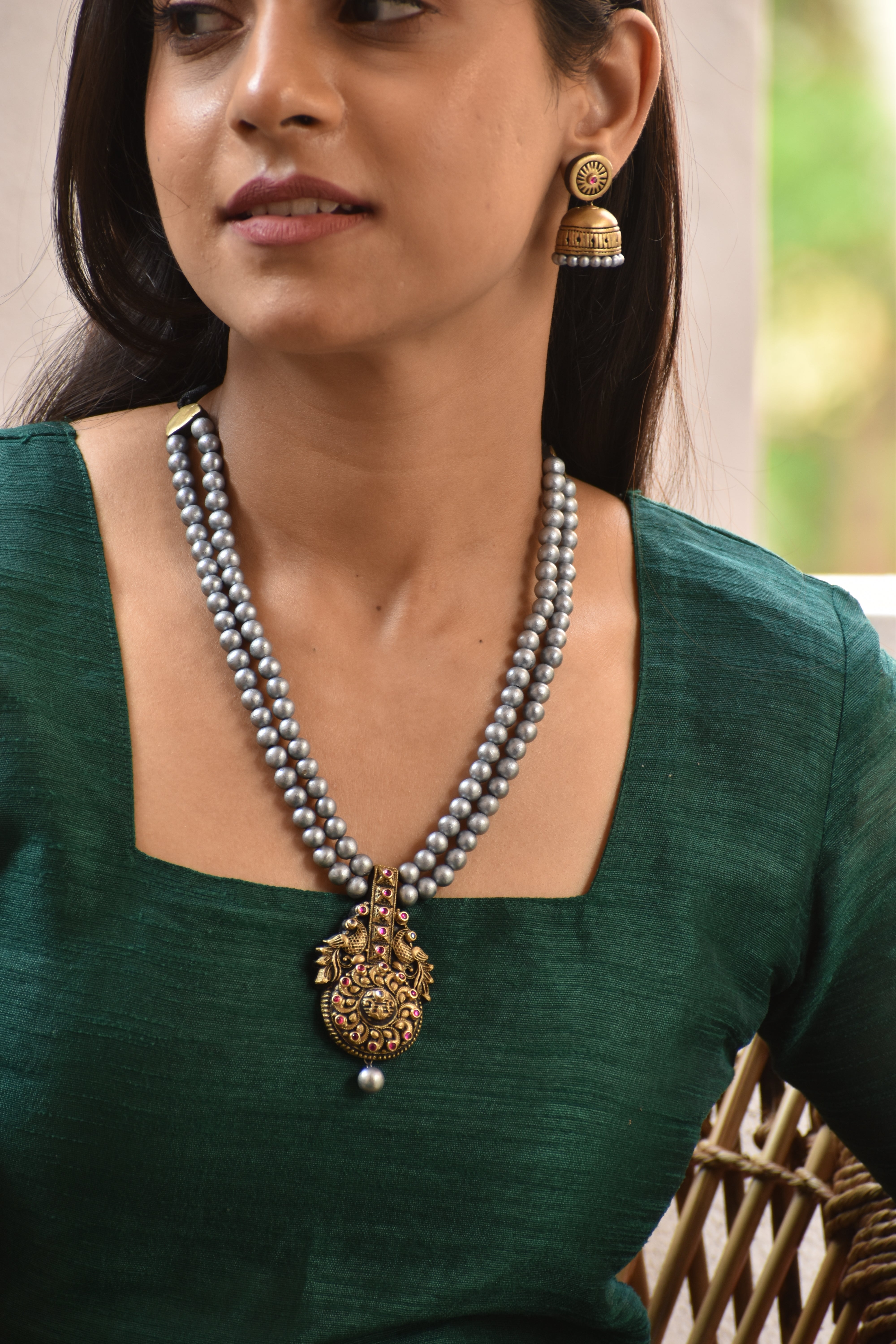 Terracotta Dual-Layer Pearl Beaded Necklace with Temple Pendant