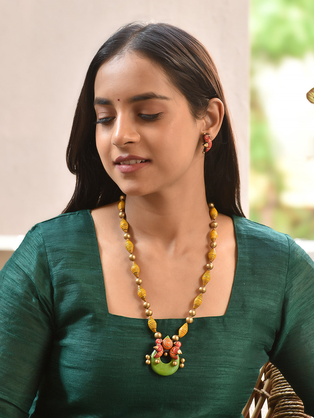 Chitra — Bird Pendant Necklace with Hand-Painted Beads