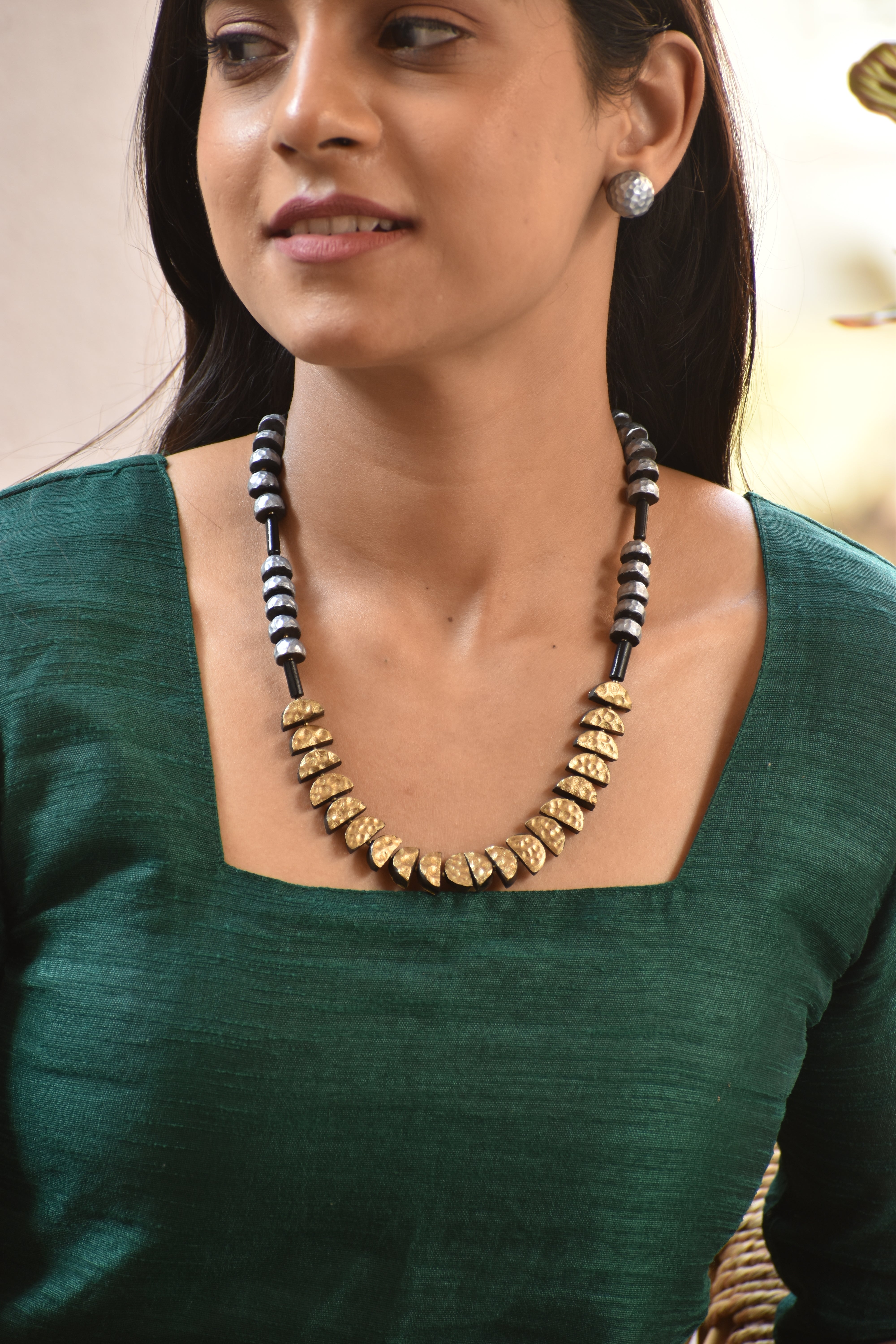 Terracotta Hammered Disc Necklace with Black Beads