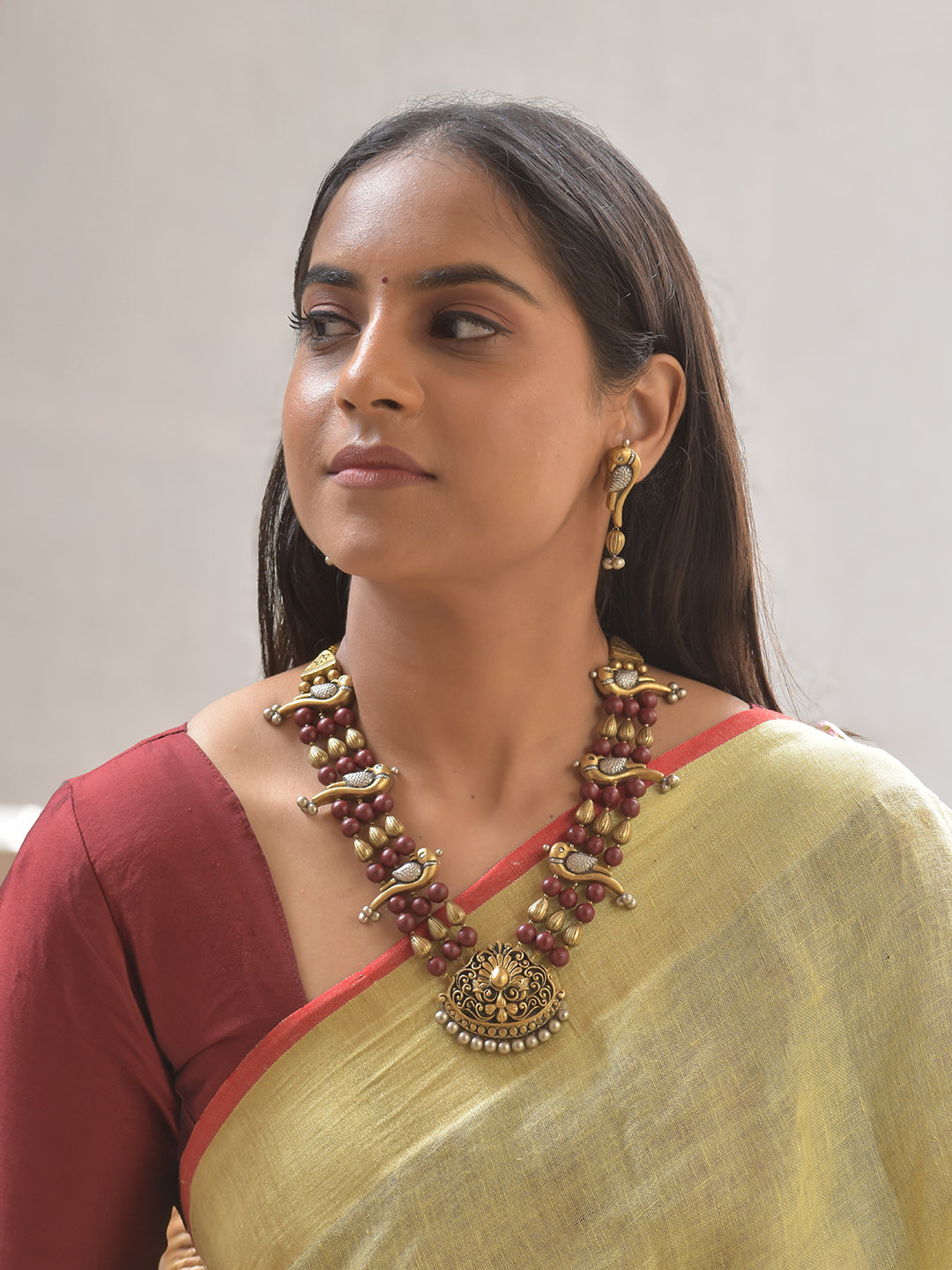 Shuka-Pushpa Lata — Terracotta Parrot Floral Necklace Set With Studs