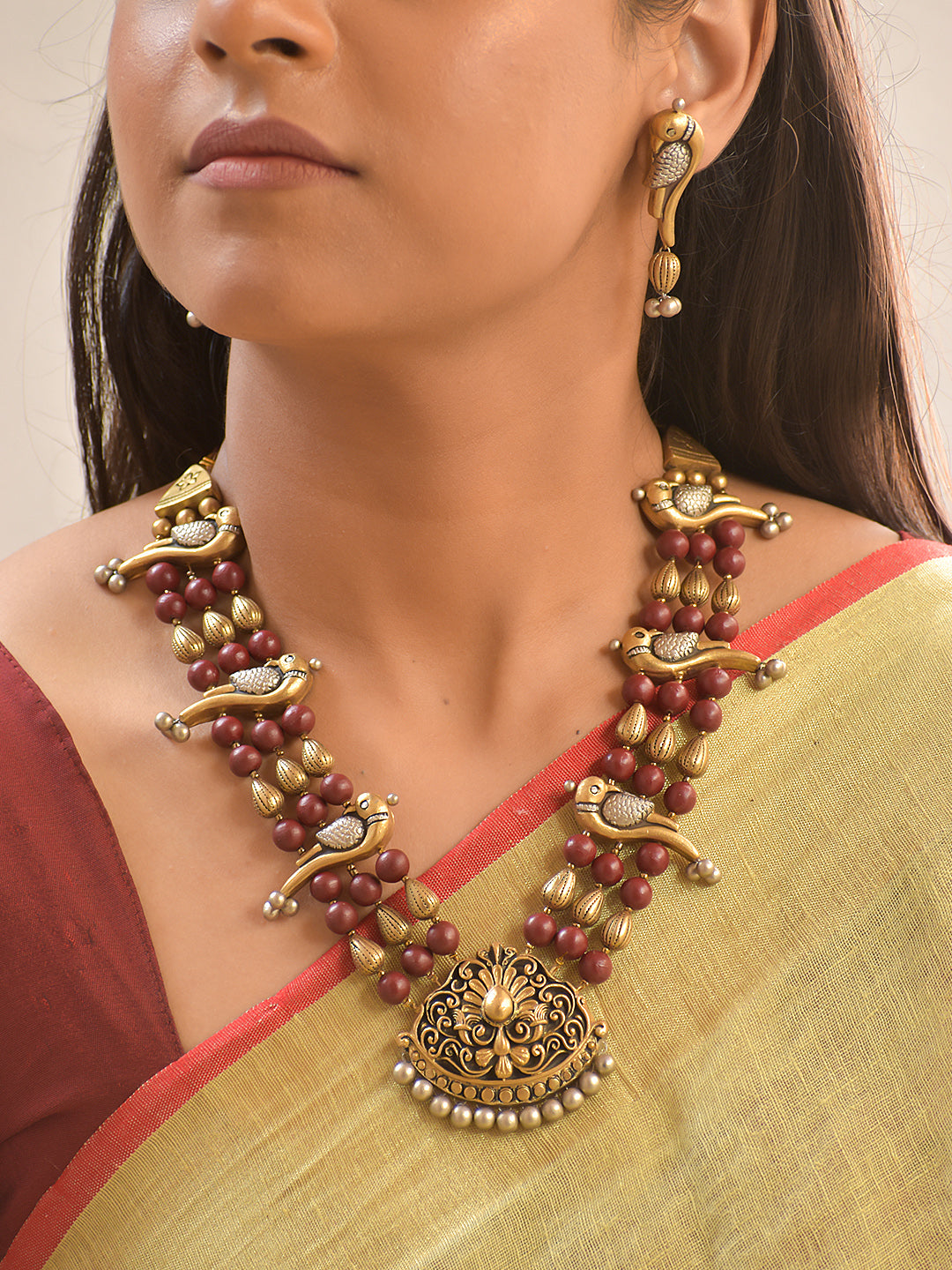 Shuka-Pushpa Lata — Terracotta Parrot Floral Necklace Set With Studs