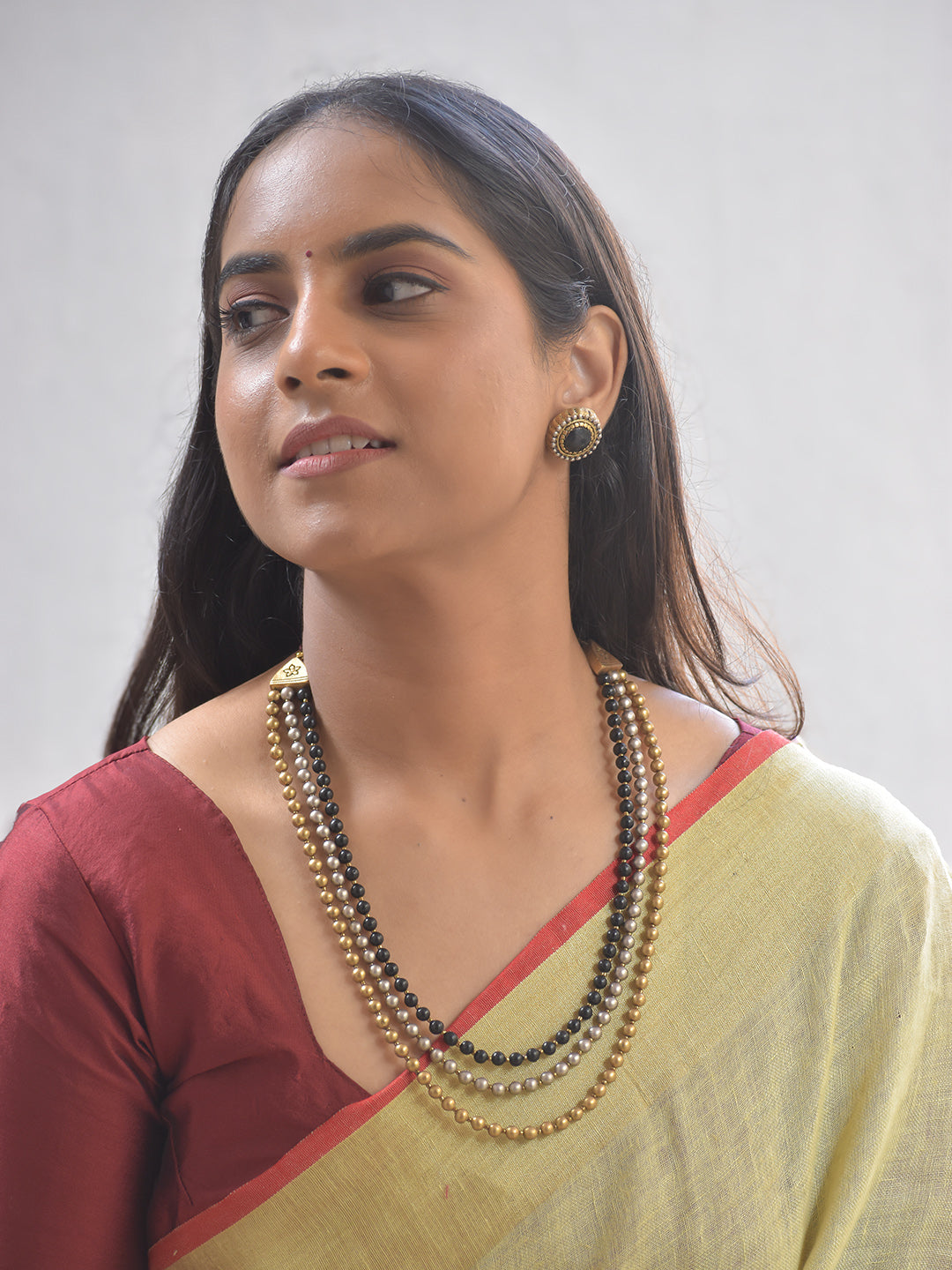 Bahu-Mala Rani — Terracotta Regal Multi-Strand Bead Necklace Set With Studs