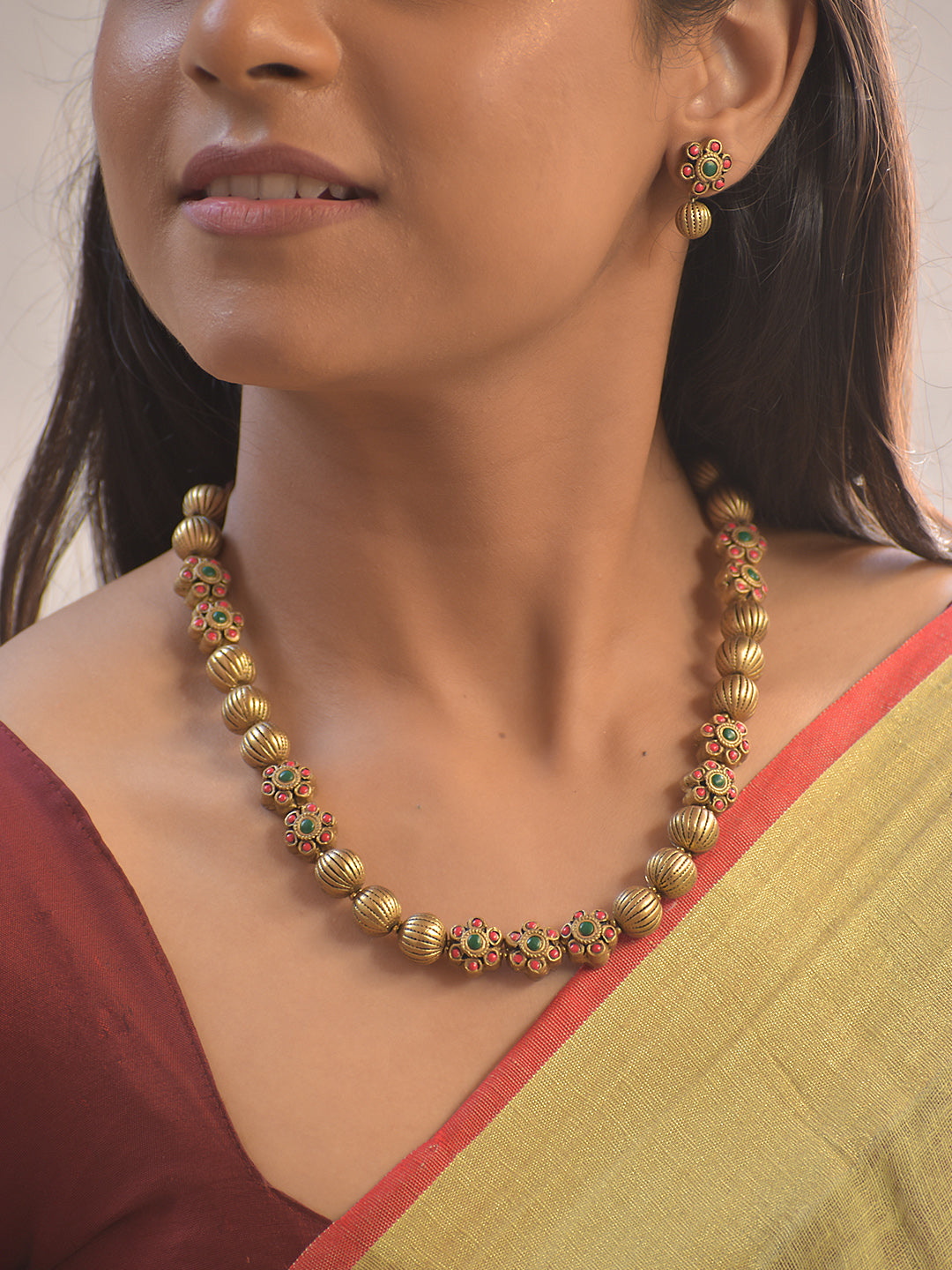 Pushpa-Mala Kusuma — Terracotta Blossom Bead Necklace Set With Floral Studs