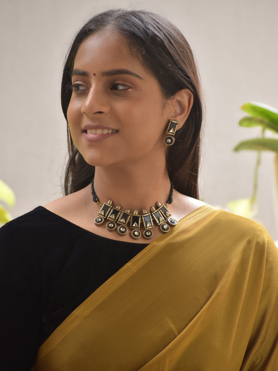 Geometric Terracotta Necklace Set – Black & Antique Gold Tribal Fusion Stud Earrings