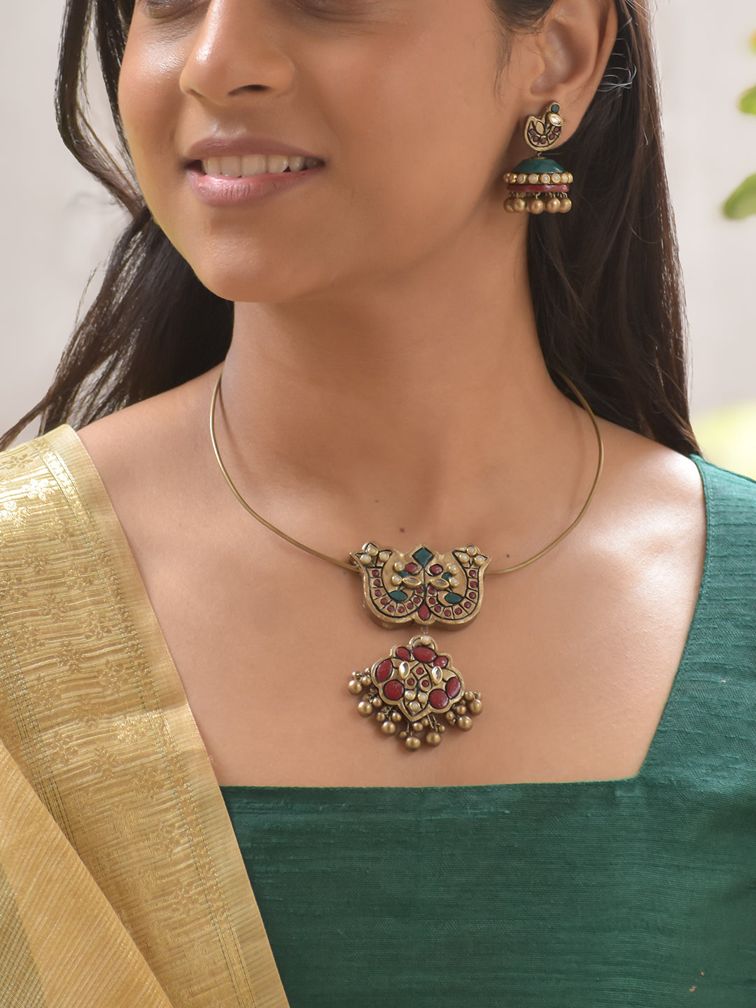 Traditional Terracotta Short Necklace Set with Temple Motif and Studded Details Earrings