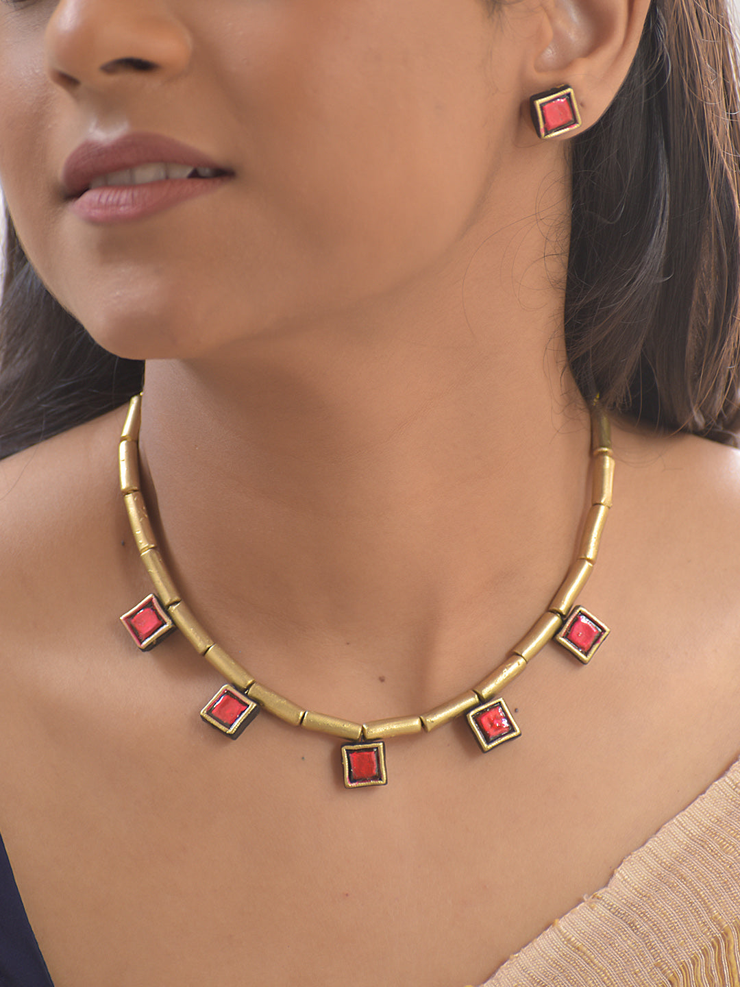 Terracotta Red Square Charm Necklace Set With Studs