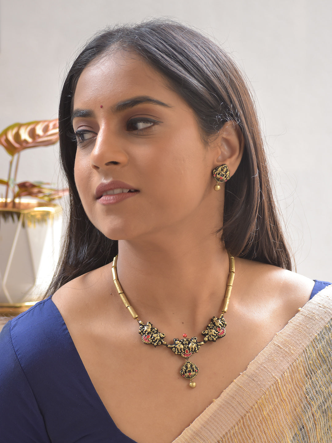 Terracotta Antique Twin-Elephant Temple Necklace Set With Studs