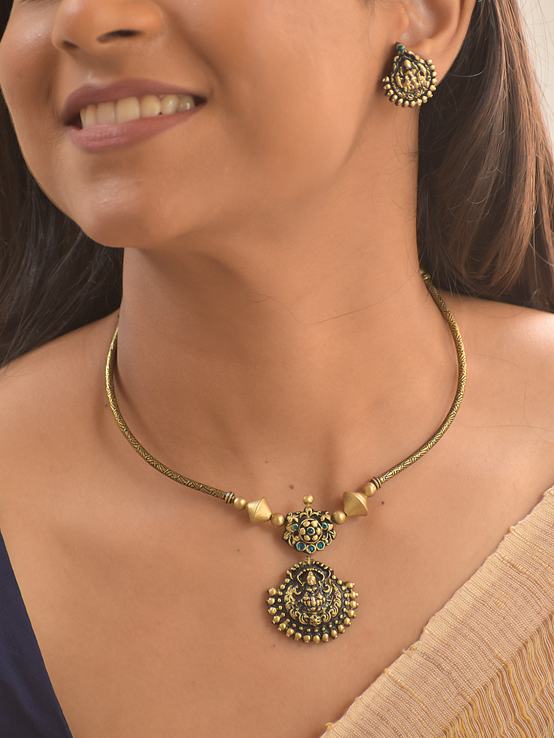 Terracotta Antique Lakshmi Charm Necklace Set With Studs