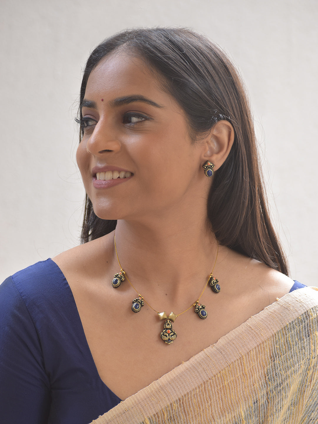 Terracotta Blue Regal Drop Necklace Set With Studs