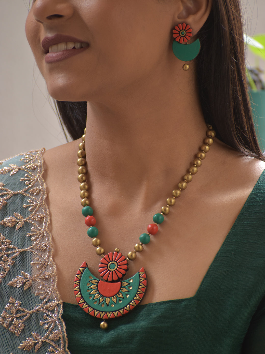 Terracotta Handpainted Floral Crescent Necklace Set in Green & Coral