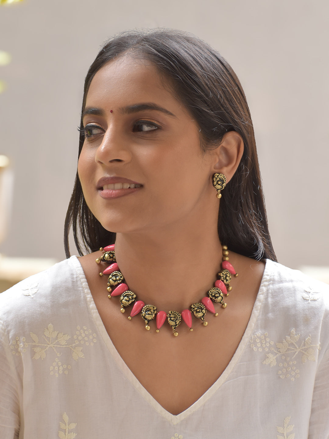 Rajamukhi - Rose Drop Regal Antique Gold Peacock Design Terracotta Necklace Set With Stud Earrings