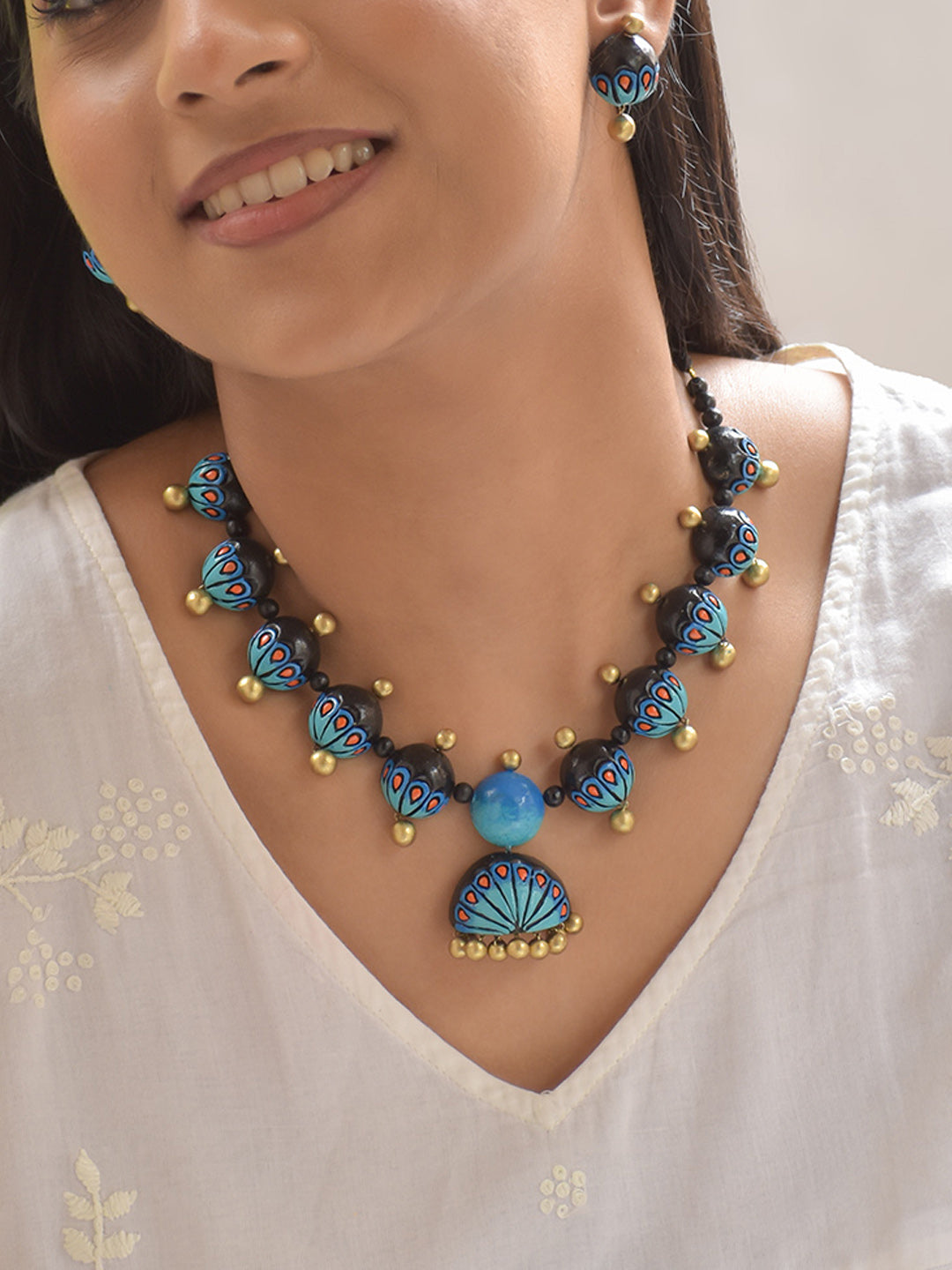 Nilaara - Azure Bloom Blue Black Handcrafted Terracotta Necklace Set with Stud Earrings