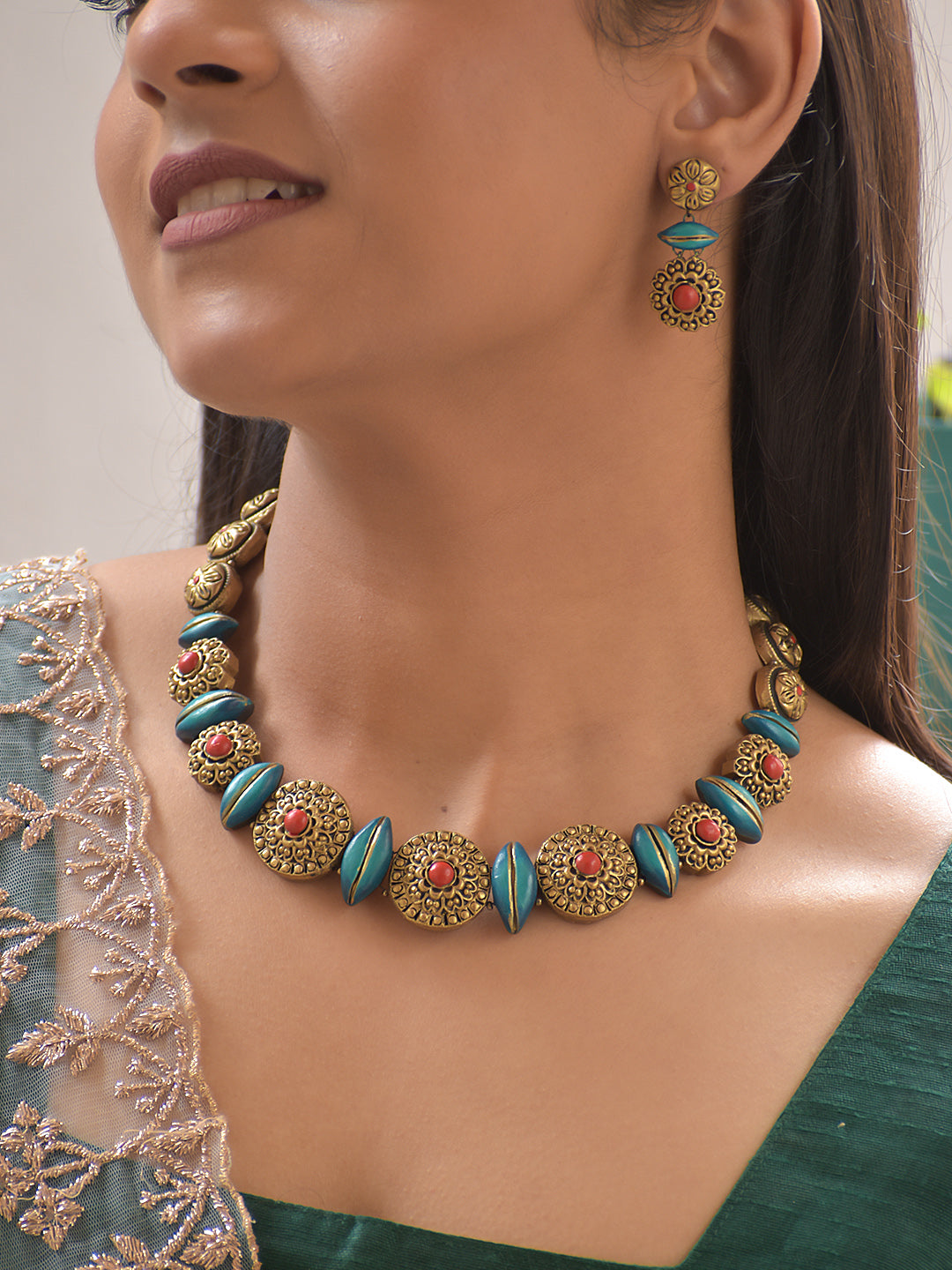 Terracotta Floral Disc Necklace with Turquoise Beads