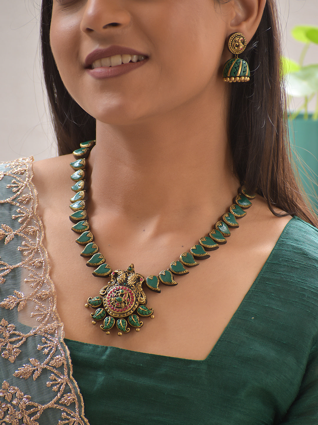 Terracotta Antique Gold Leaf Motif Necklace Set with Peacock Pendant