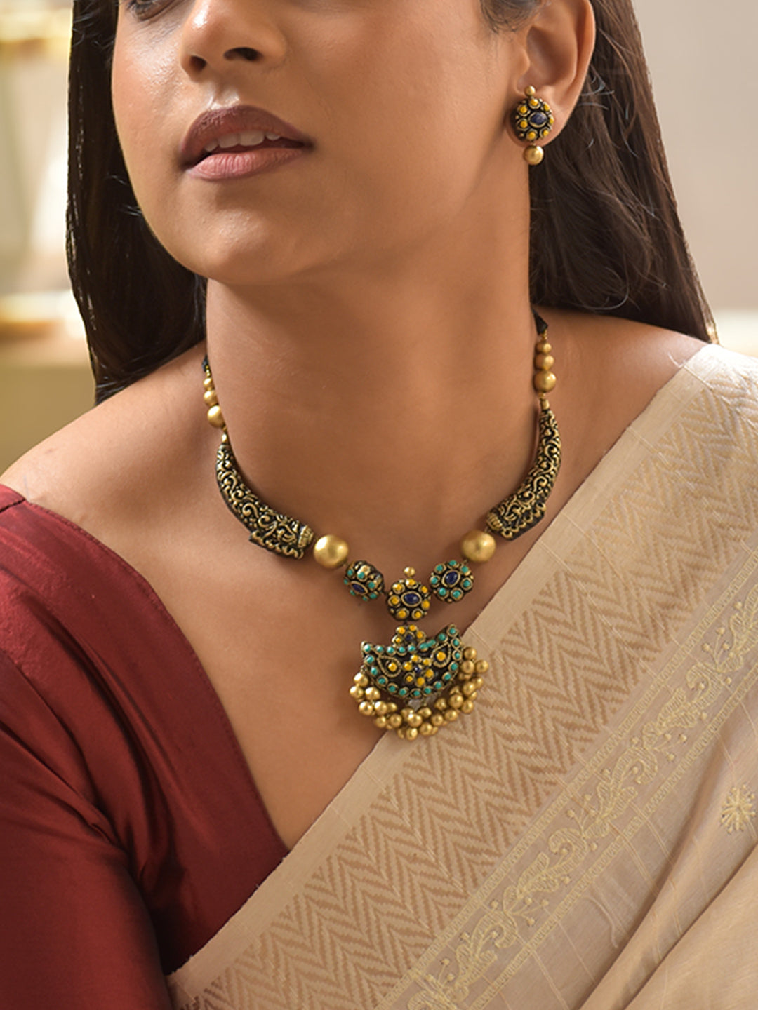 Bluvara - Blue Bloom Antique Gold Terracotta Necklace Set With Stud Earrings