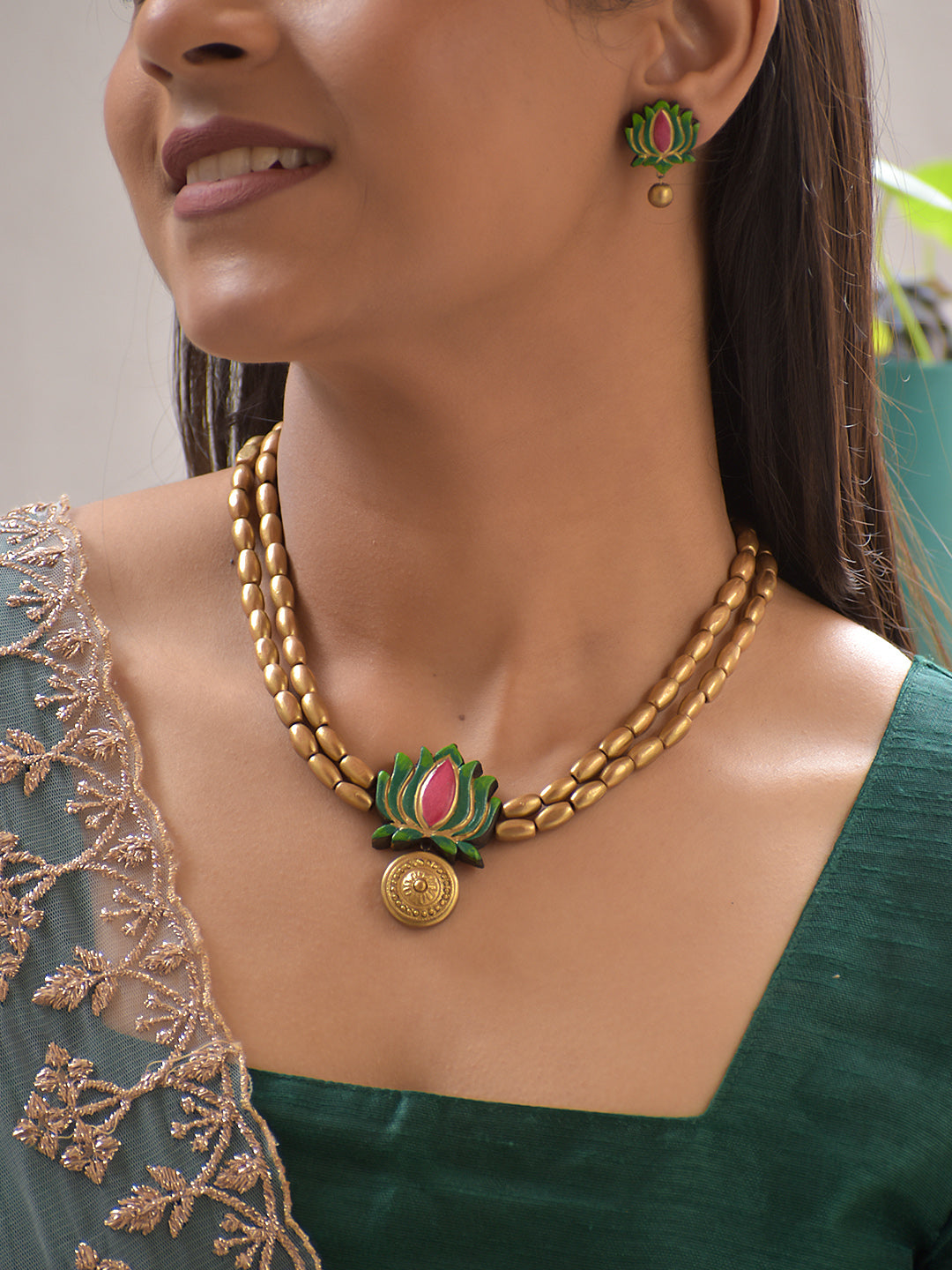 Terracotta Antique Gold Beaded Necklace Set with Lotus Motif Pendant