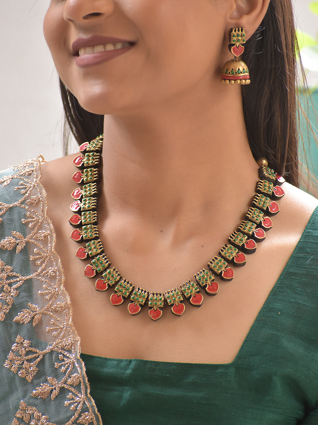 Terracotta Antique Gold Square Mango Leaf Motif Necklace Set with Red & Green Accents