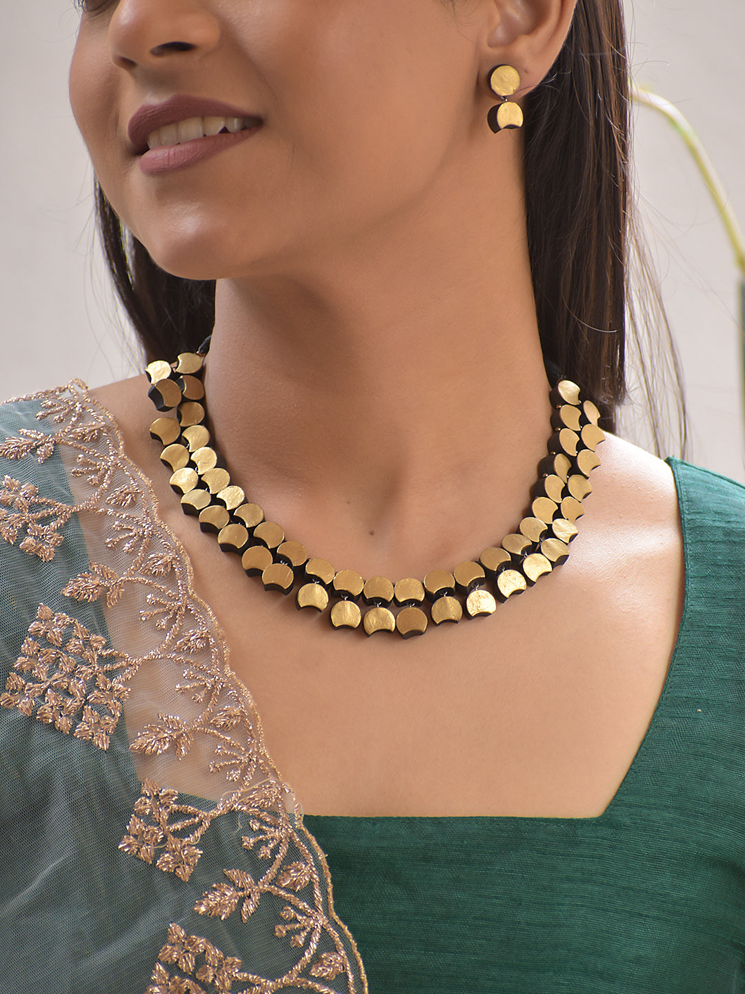 Terracotta Antique Gold Crescent Disc Necklace Set