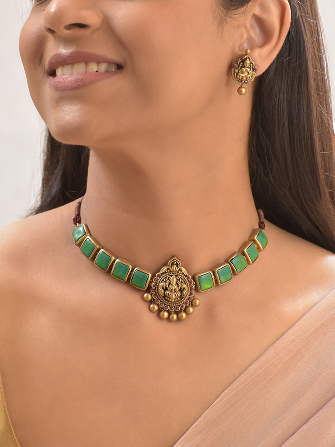 Terracotta Light Green Square Stone Choker Necklace with Lakshmi Goddess Pendant & Earrings