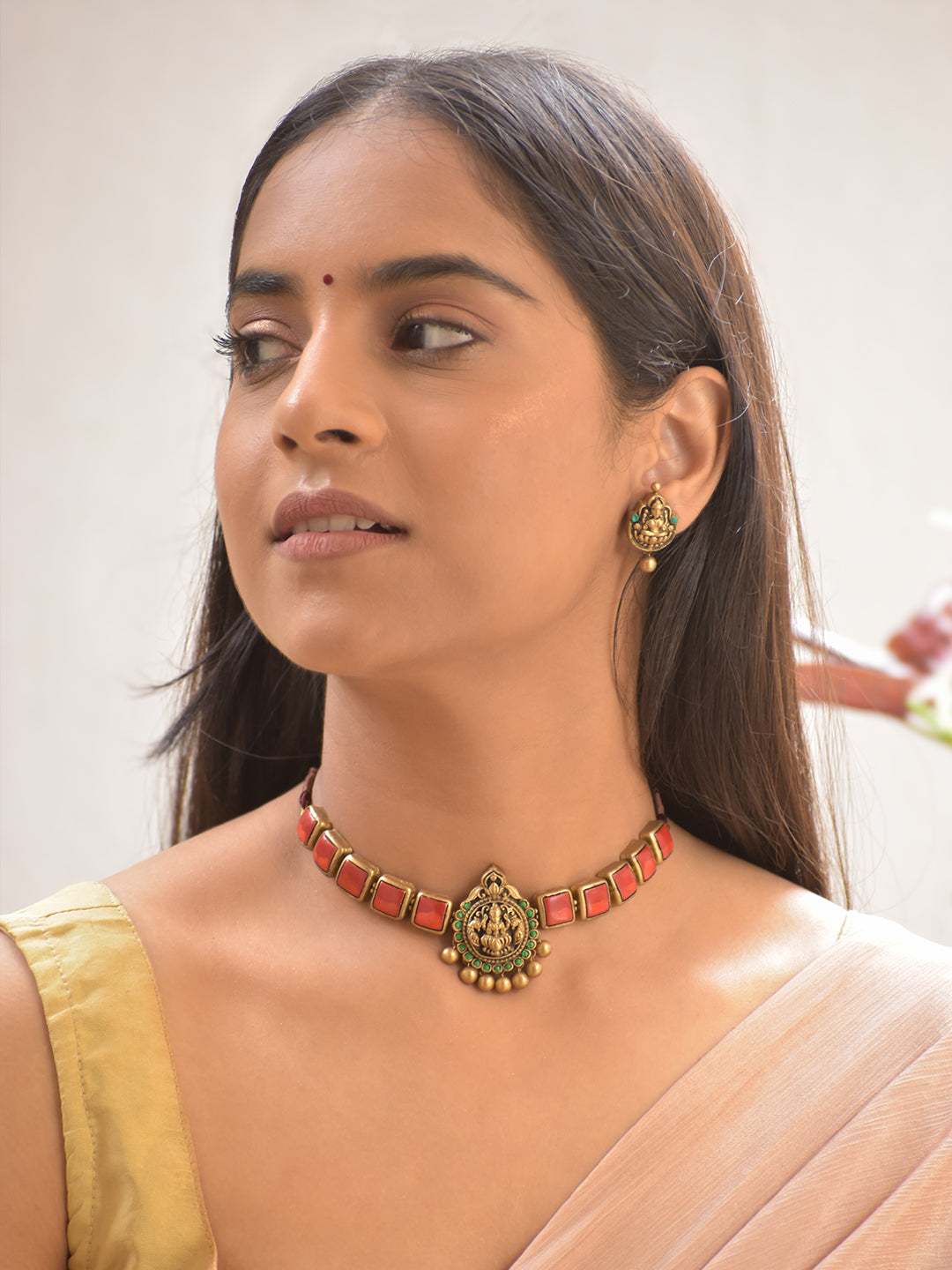 Terracotta Red Square Stone Choker Necklace with Lakshmi Goddess Pendant & Earrings