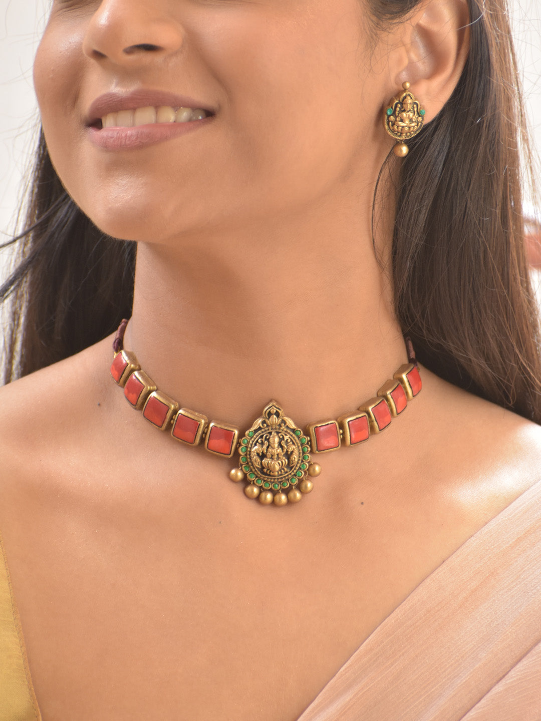 Terracotta Red Square Stone Choker Necklace with Lakshmi Goddess Pendant & Earrings