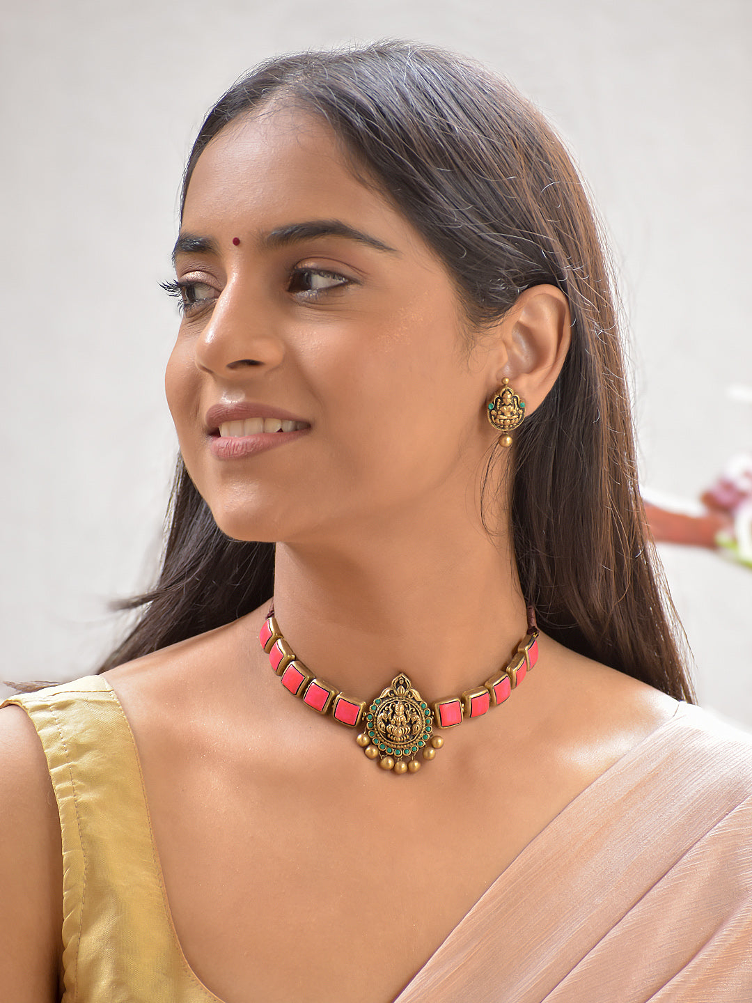 Terracotta Light Pink Square Stone Choker Necklace with Lakshmi Goddess Pendant & Earrings