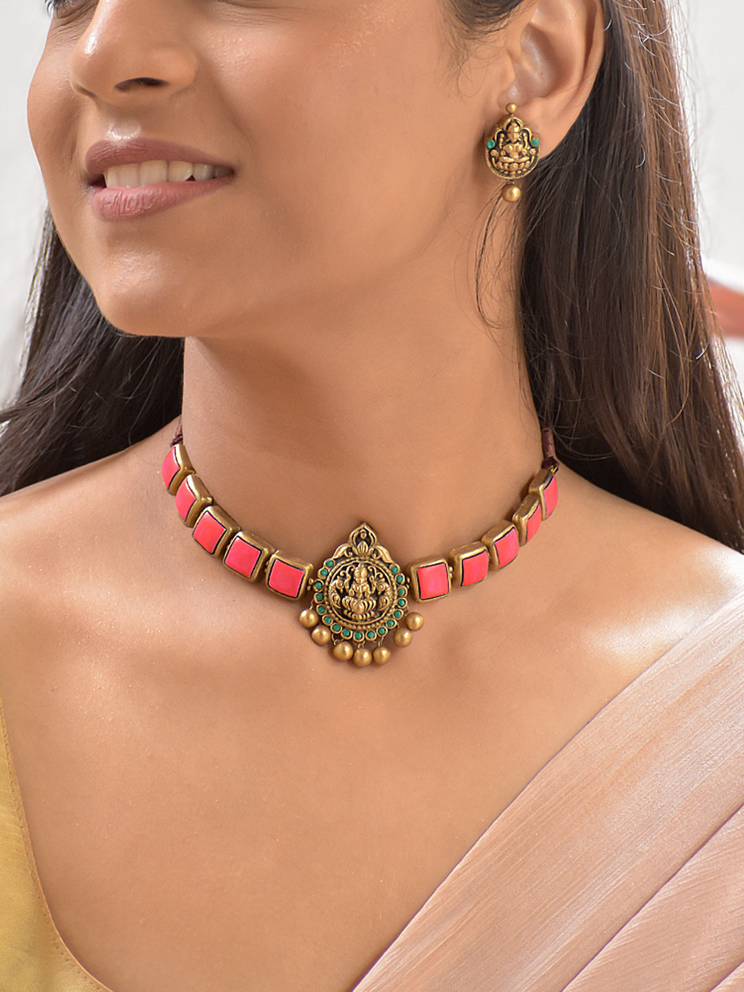 Terracotta Light Pink Square Stone Choker Necklace with Lakshmi Goddess Pendant & Earrings