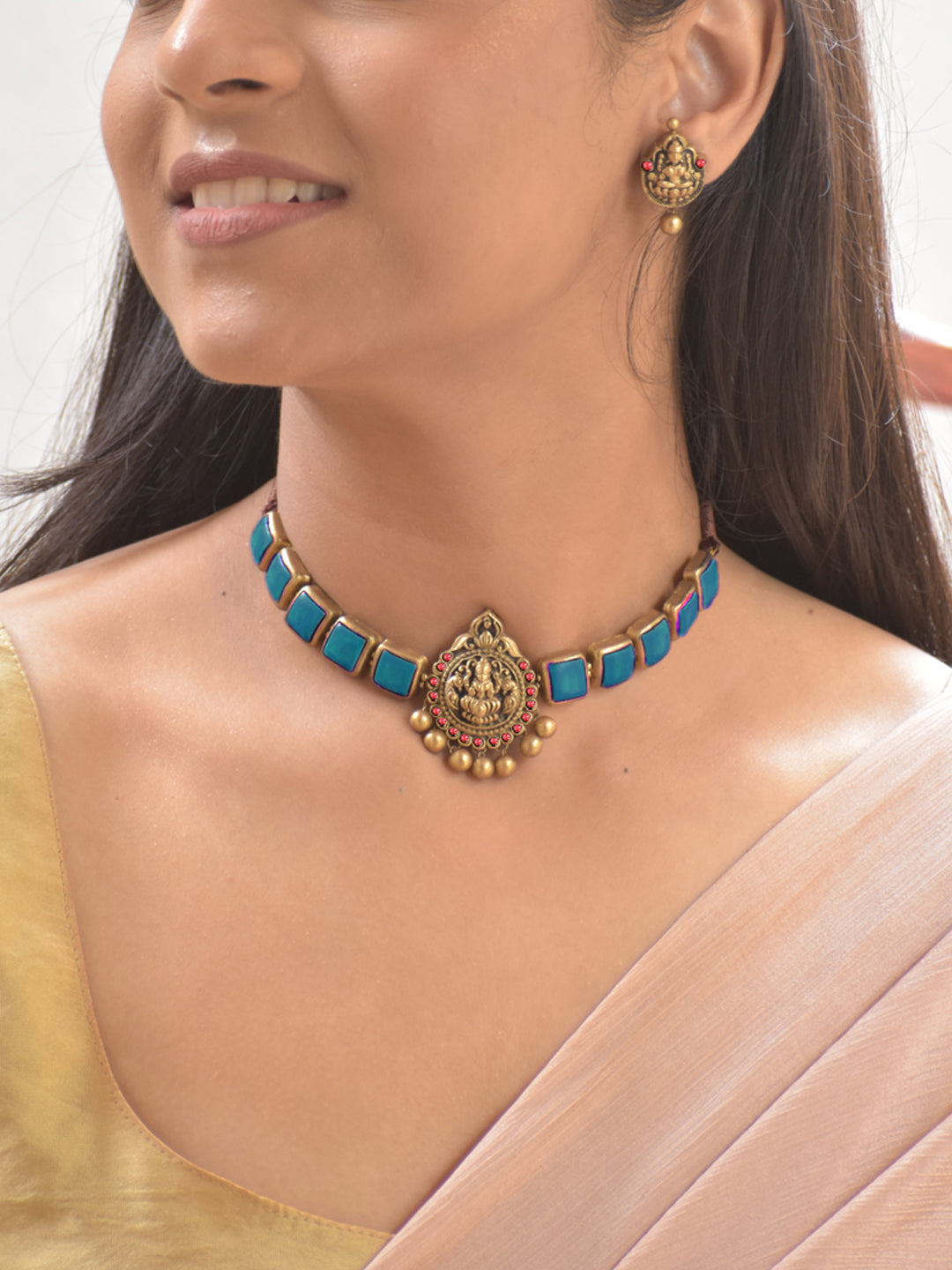 Terracotta Sky Blue Square Stone Choker Necklace with Lakshmi Goddess Pendant & Earrings
