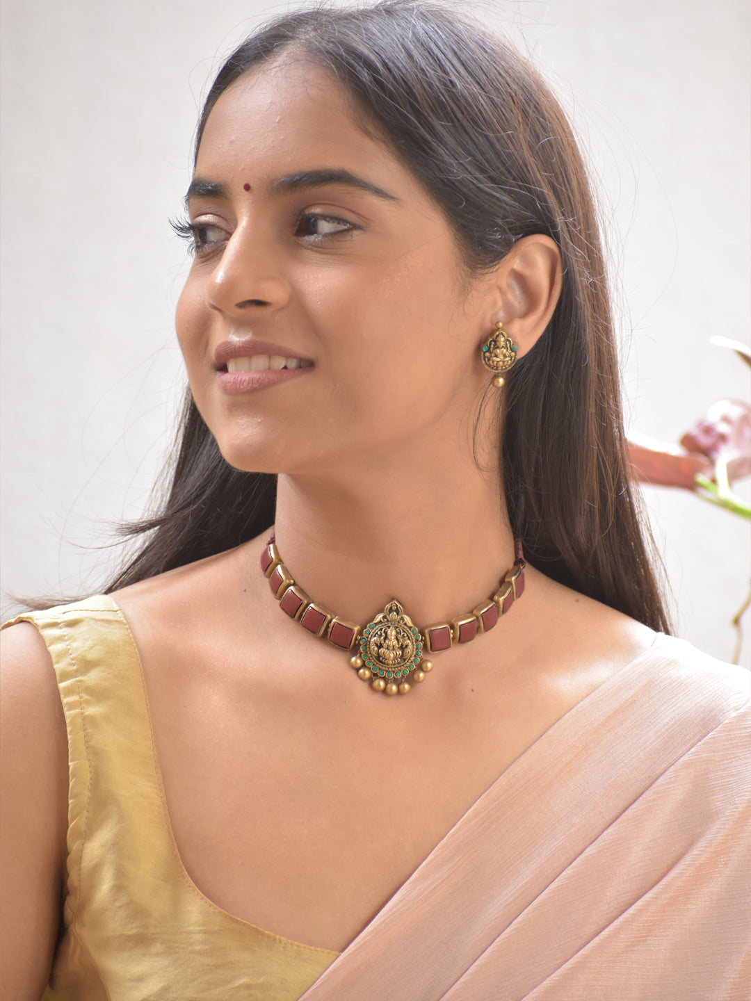 Terracotta Brown Square Stone Choker Necklace with Lakshmi Goddess Pendant & Earrings
