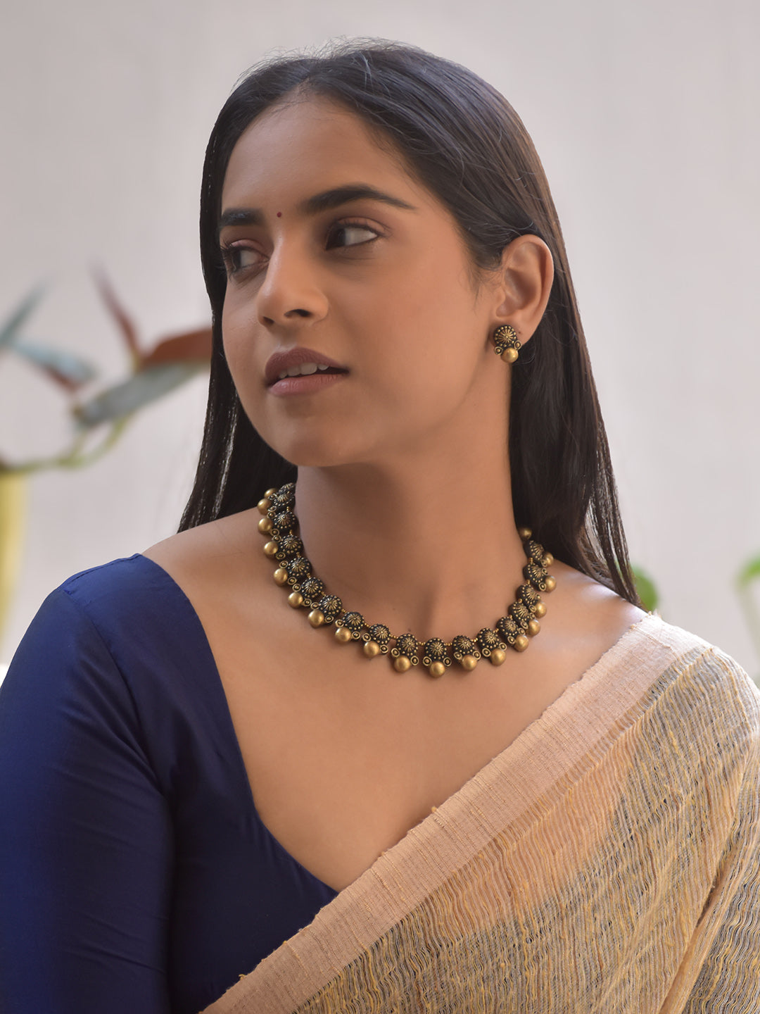 Handmade Terracotta Antique Gold Floral Choker Necklace with Bead Drops and Matching Stud Earrings