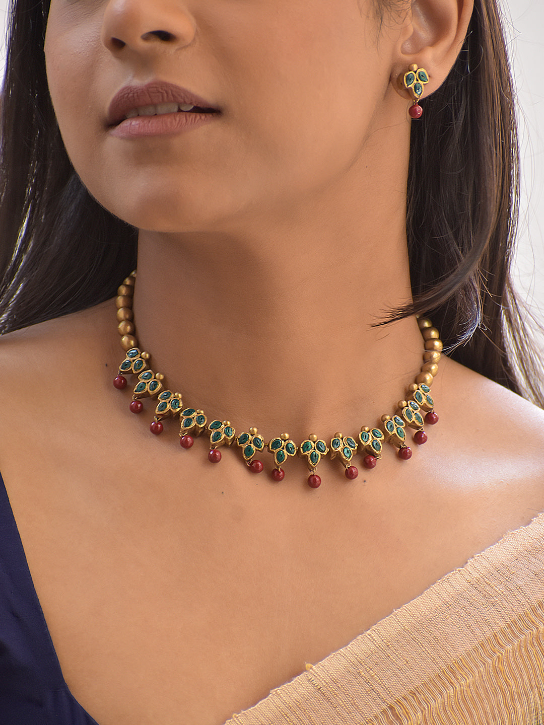 Handmade Terracotta Floral Choker Necklace with Red Bead Drops and Stud Earrings