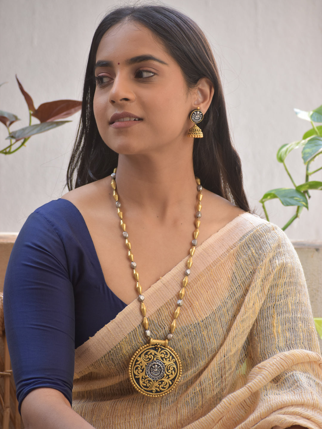 Handmade Terracotta Dual-Tone Round Ganesha Design Pendant Necklace with Antique Jhumka Earrings