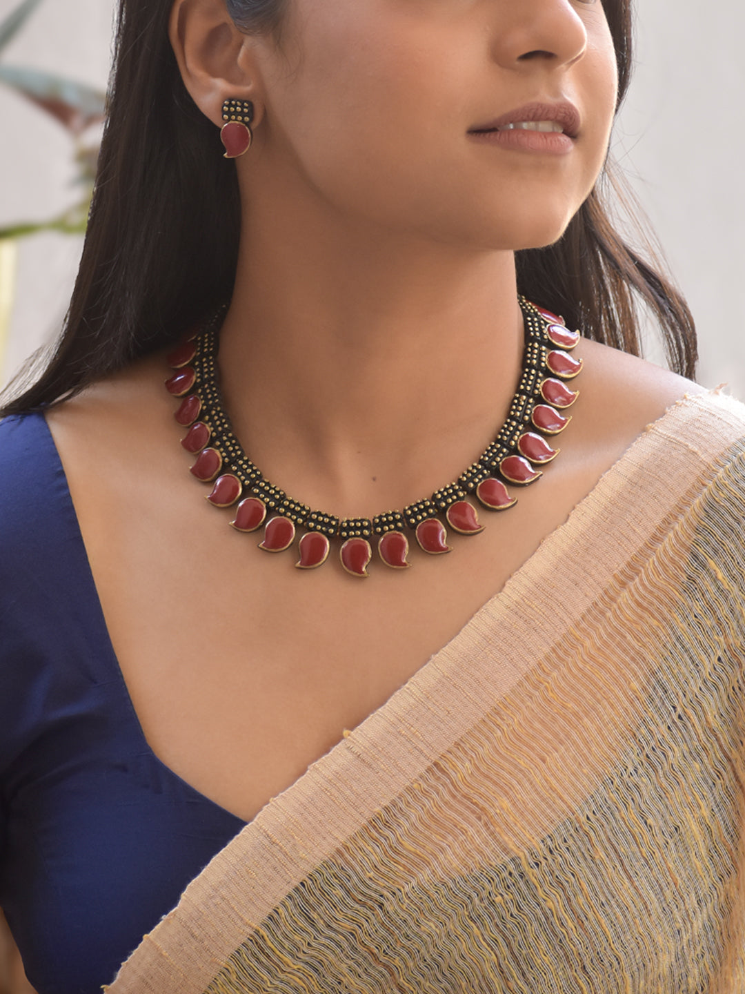 Handmade Terracotta Maroon Mango Motif Choker Necklace with Stud Earrings