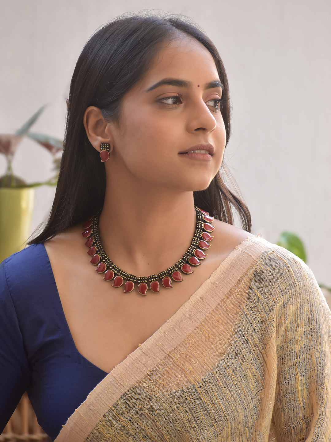 Handmade Terracotta Maroon Mango Motif Choker Necklace with Stud Earrings