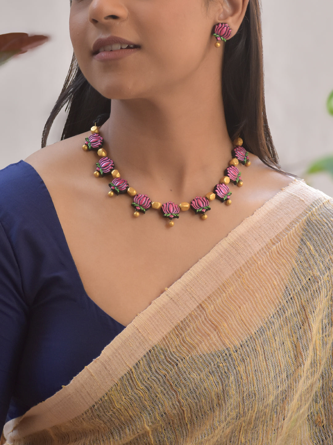 Handmade Terracotta Pink Lotus Floral Necklace with Golden Bead Drops