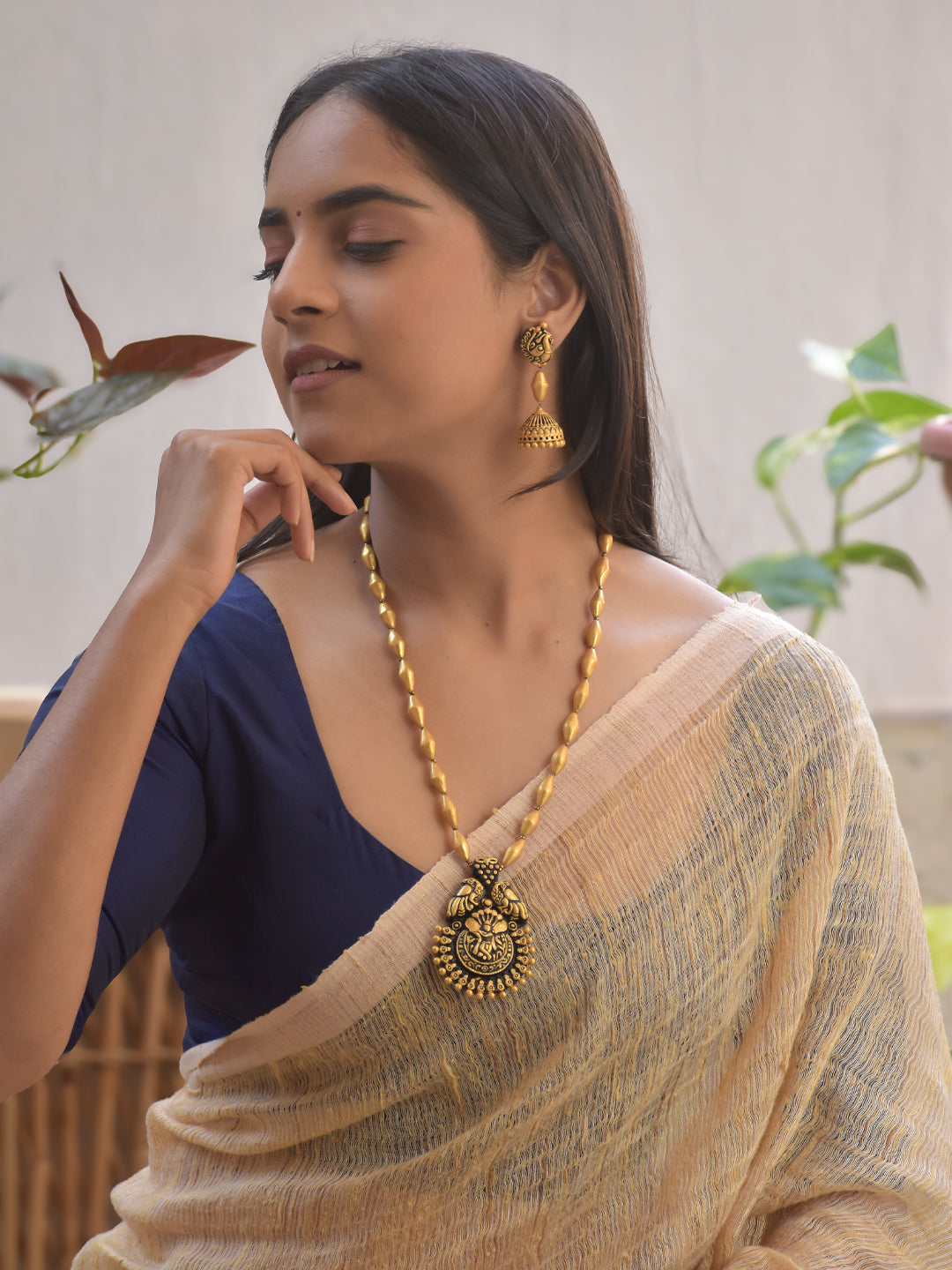 Handmade Terracotta Antique Gold Krishna Temple Necklace with Jhumka Earrings