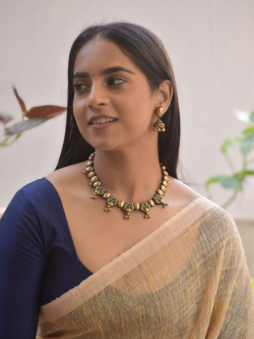 Handmade Terracotta Antique Gold Peacock Floral Choker Necklace with Jhumka Earrings