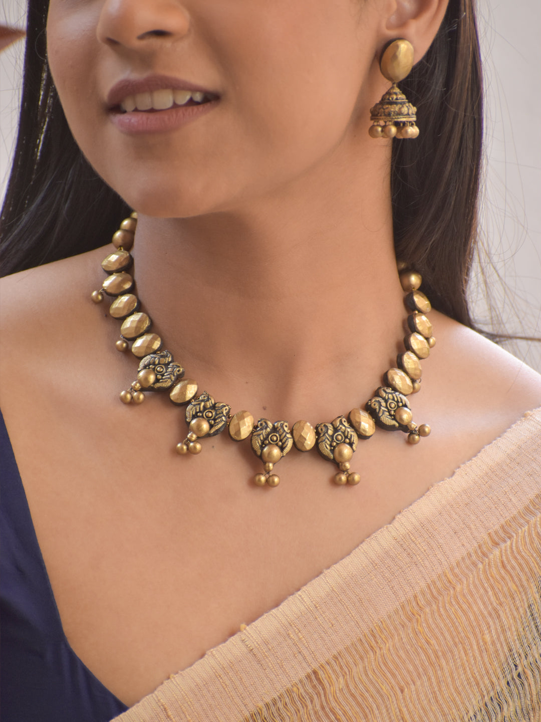 Handmade Terracotta Antique Gold Peacock Floral Choker Necklace with Jhumka Earrings