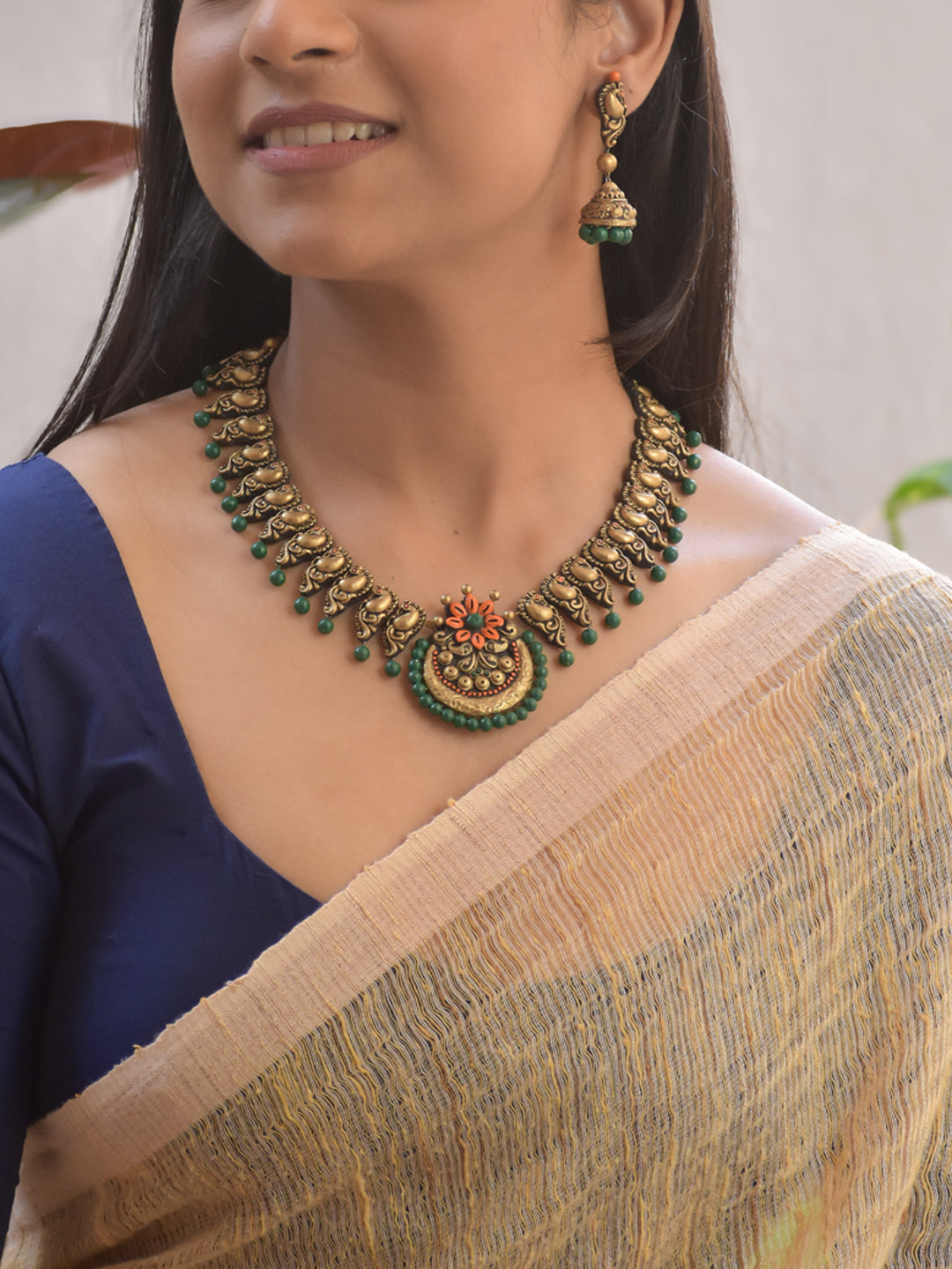 Handmade Terracotta Antique Gold Peacock Motif Choker Necklace with Green Bead Drops