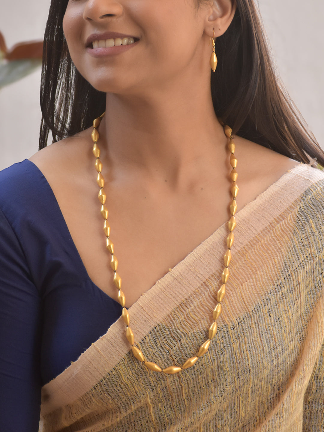 Handmade Terracotta Golden Bead Necklace with Drop Earrings