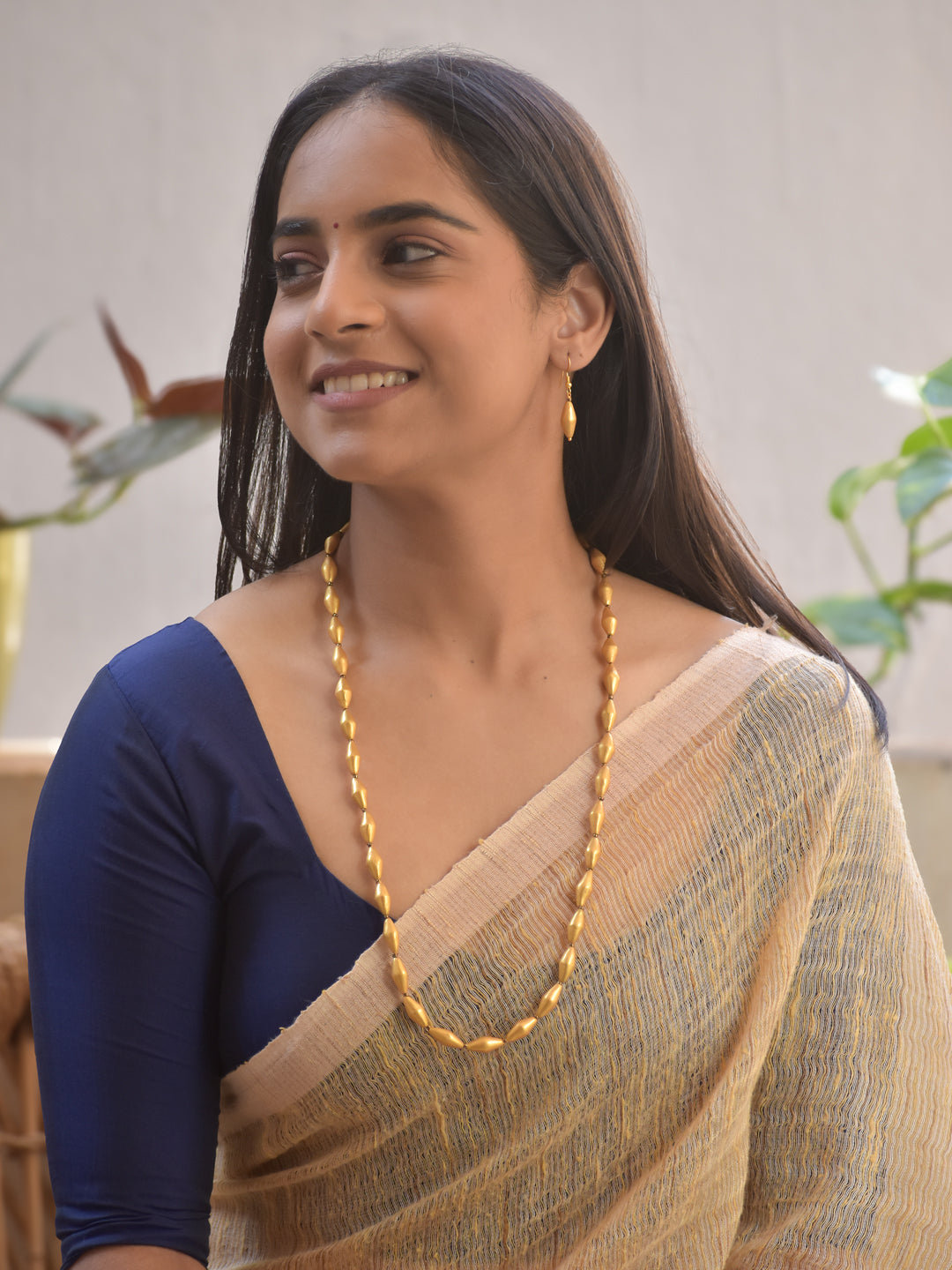 Handmade Terracotta Golden Bead Necklace with Drop Earrings