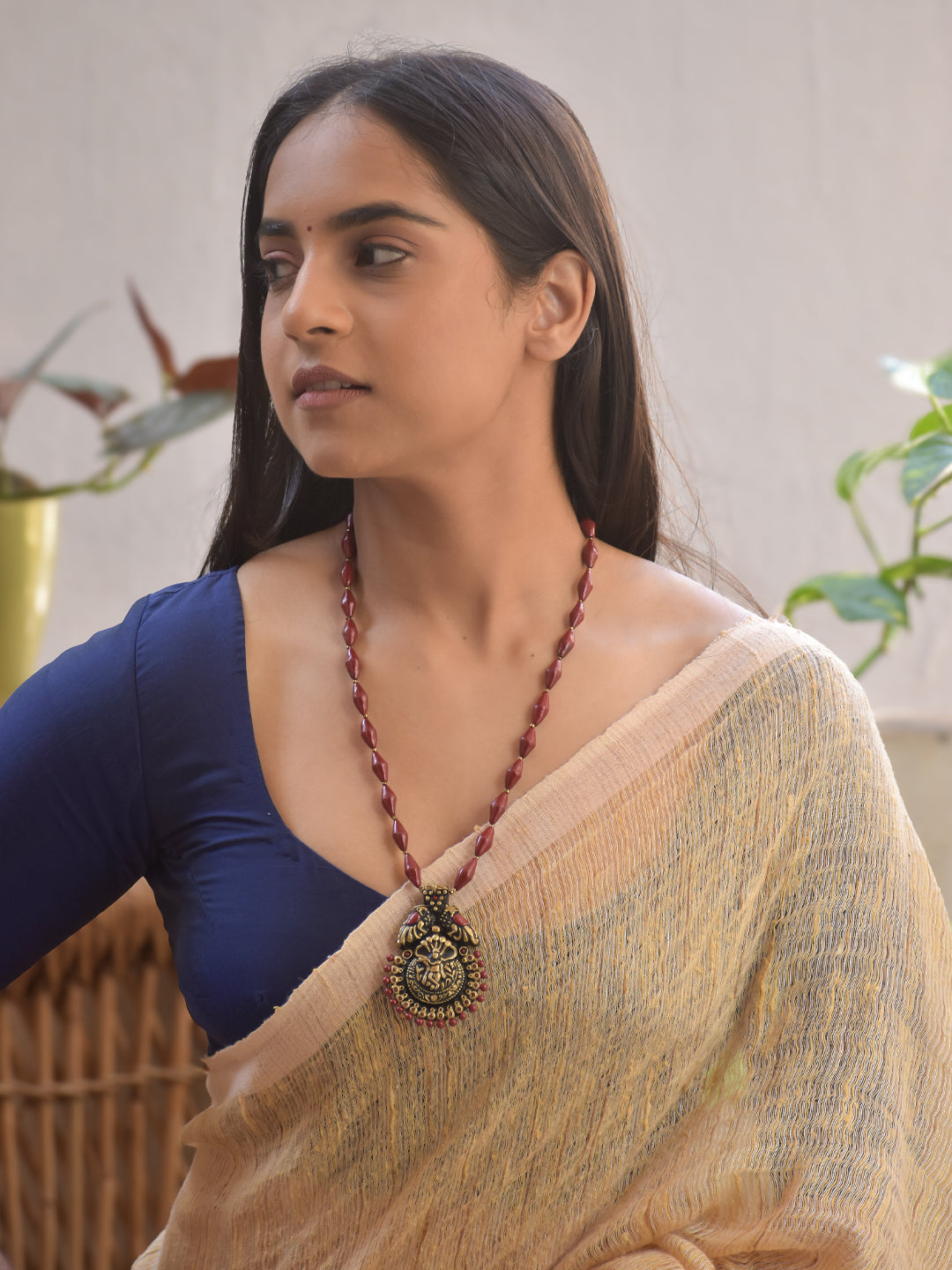 Handmade Terracotta Maroon Beaded Antique Gold Krishna Pendant Necklace