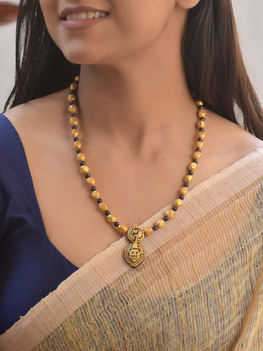 Handmade Terracotta Antique Gold Peacock Lakshmi Pendant Necklace
