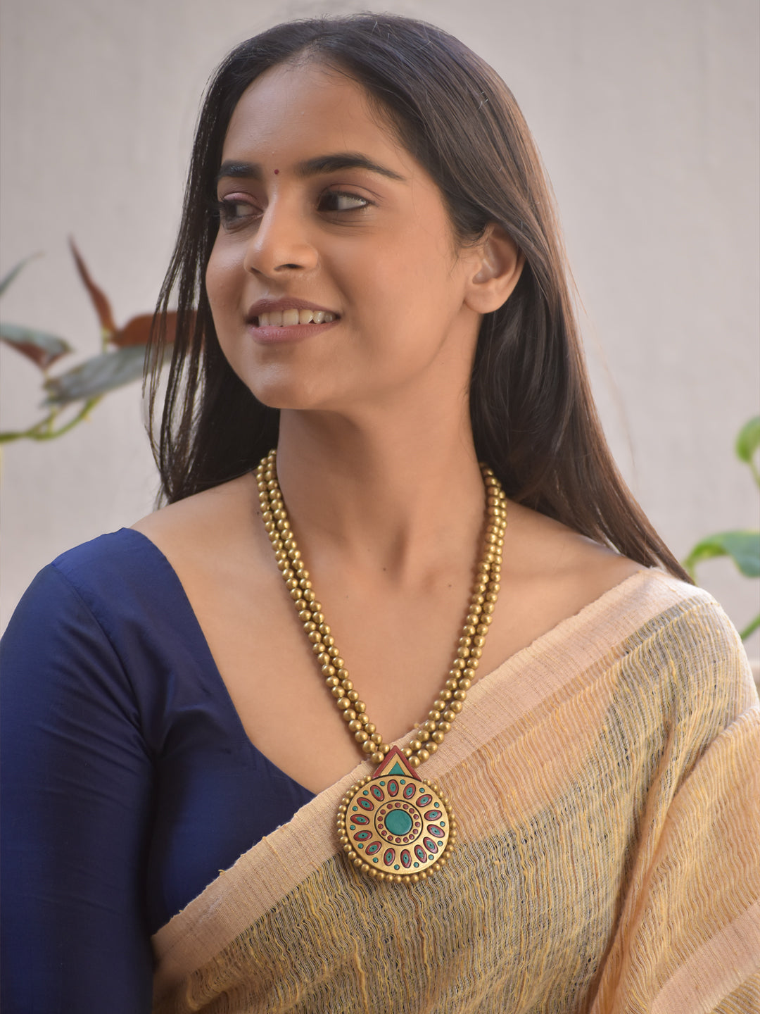 Handmade Terracotta Dual-Layer Gold Beaded Round Mandala Necklace