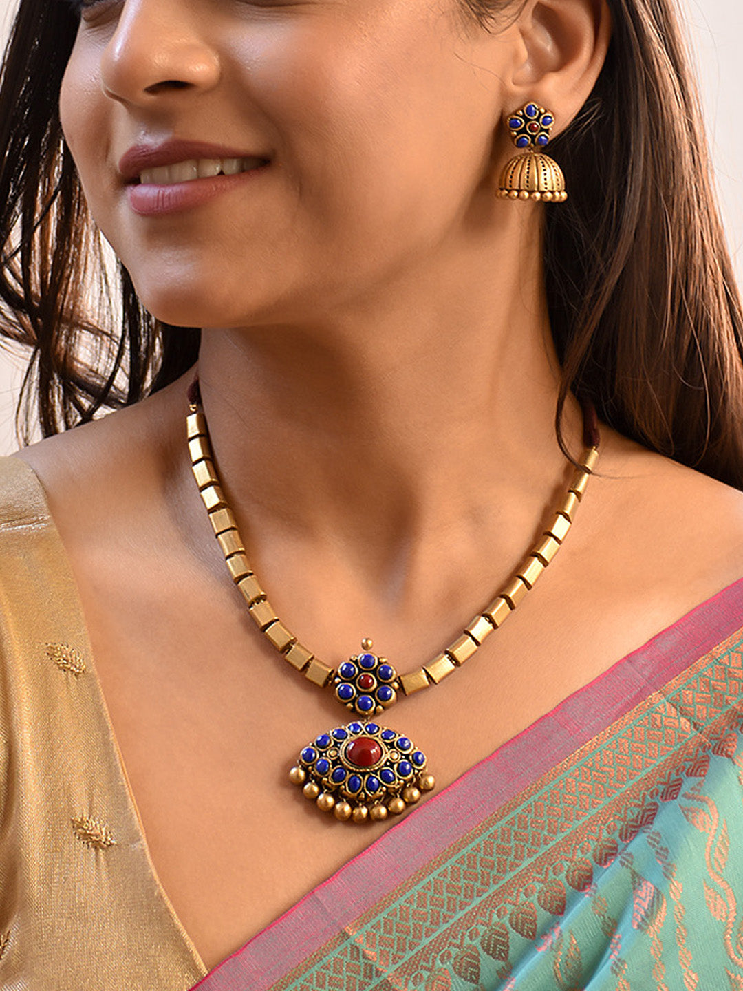 Neelamala — Attigai Design in Blue Shades Gold Premium Finish Jewelry Set in Fine Terracotta